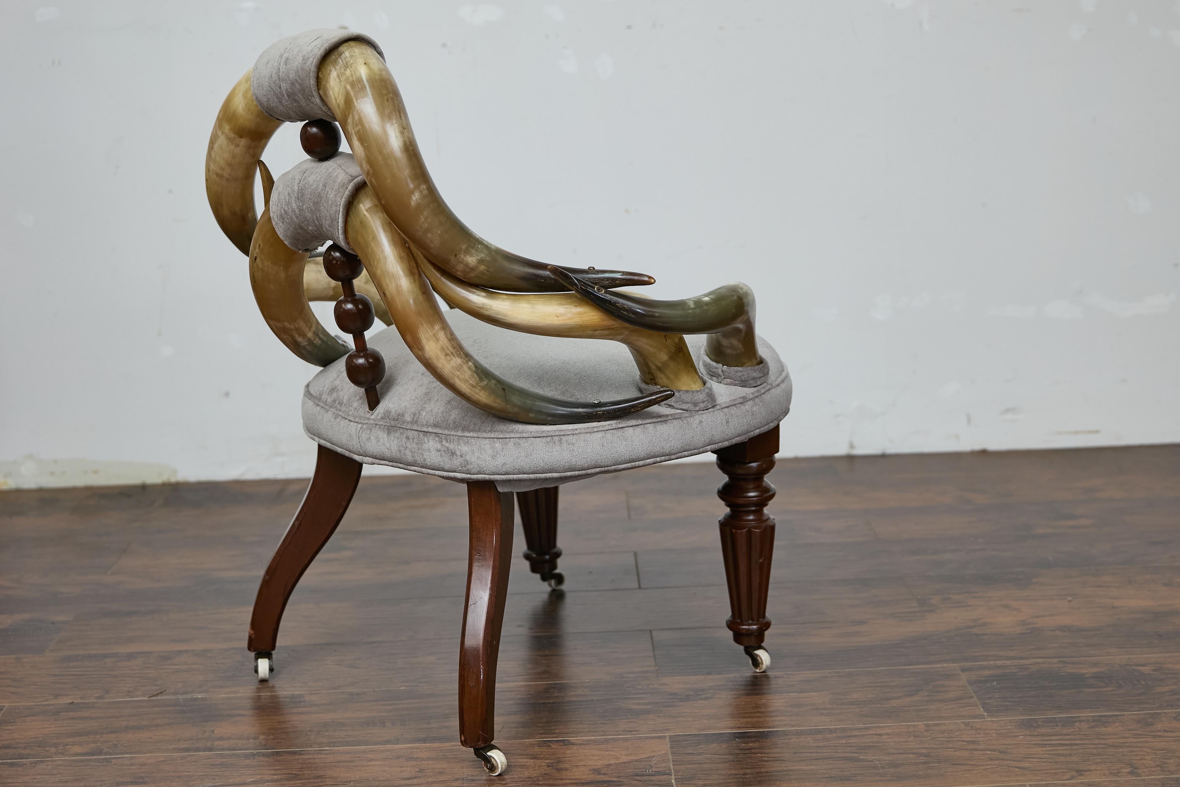 English Mahogany and Horn Victorian Chair with Velvet Upholstery circa 1880 For Sale 10