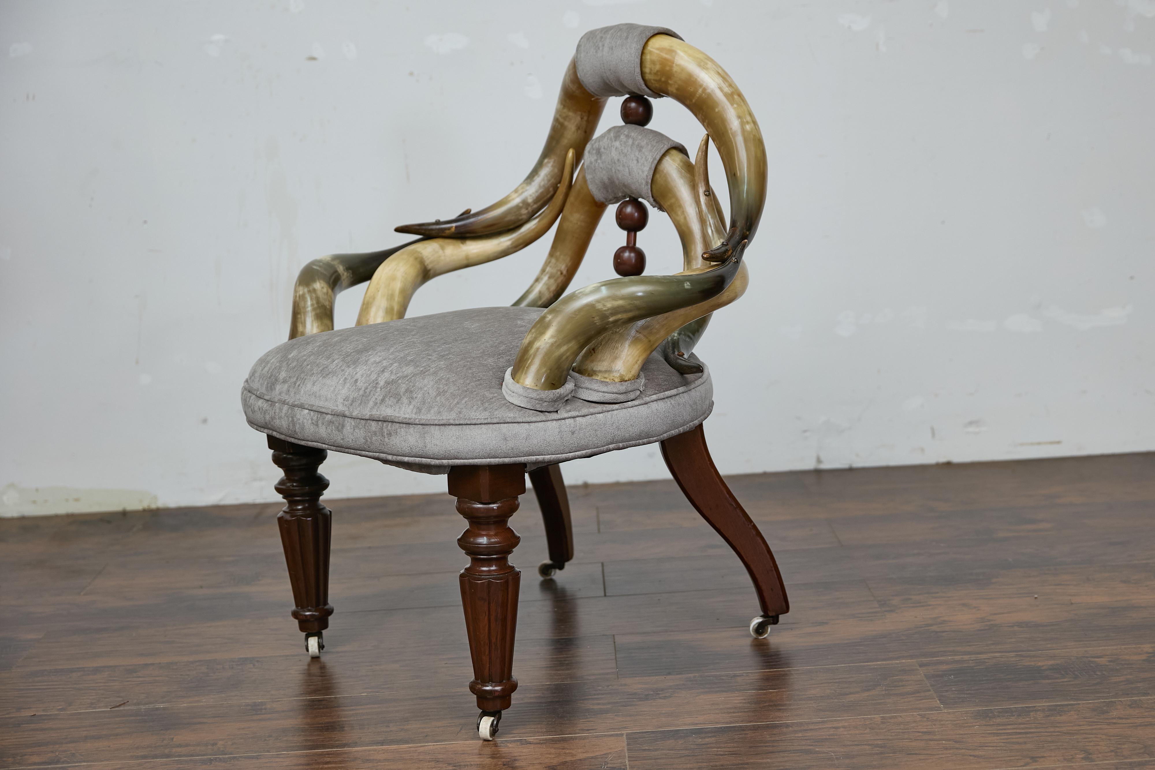 English Mahogany and Horn Victorian Chair with Velvet Upholstery circa 1880 In Good Condition For Sale In Atlanta, GA