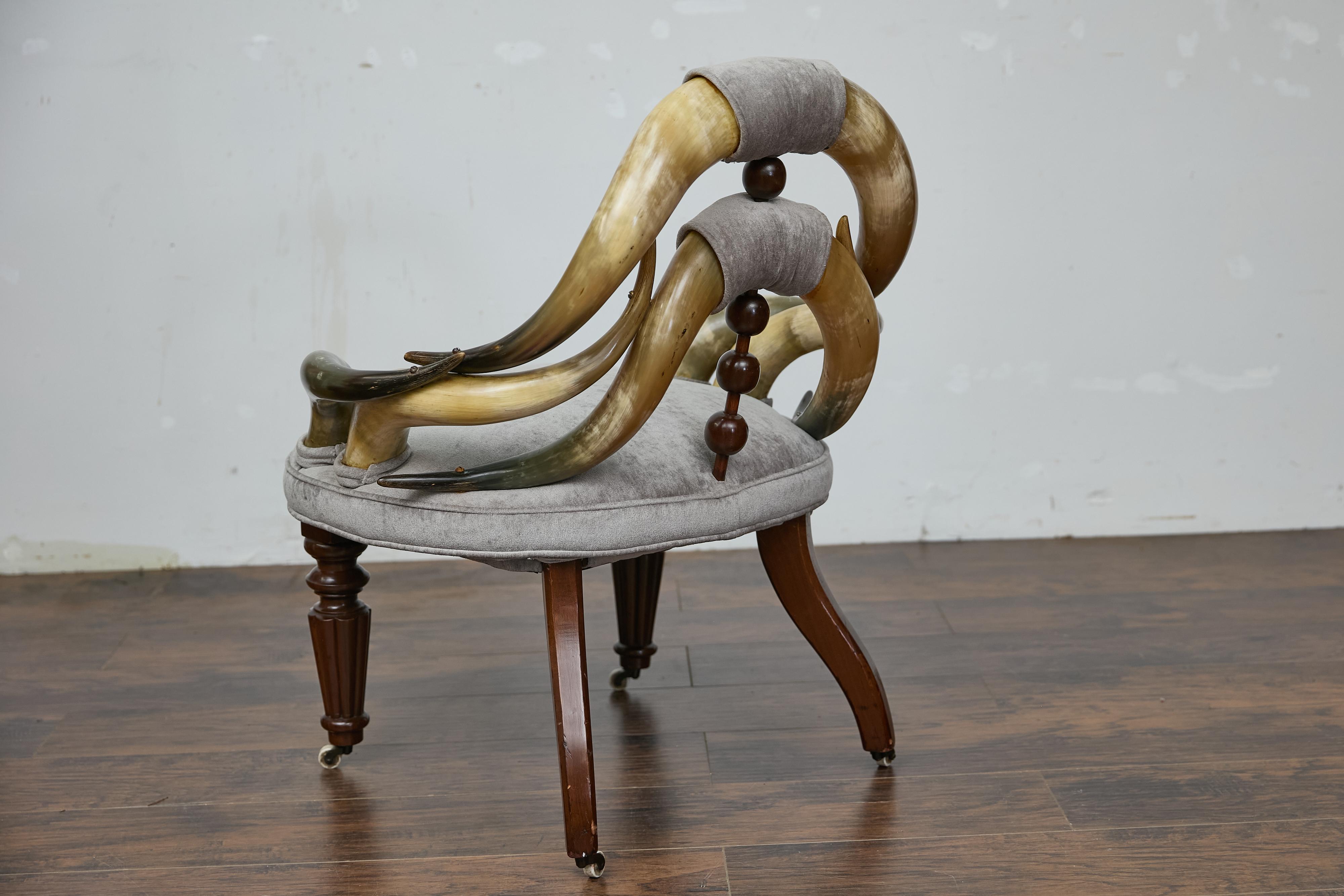 19th Century English Mahogany and Horn Victorian Chair with Velvet Upholstery circa 1880 For Sale