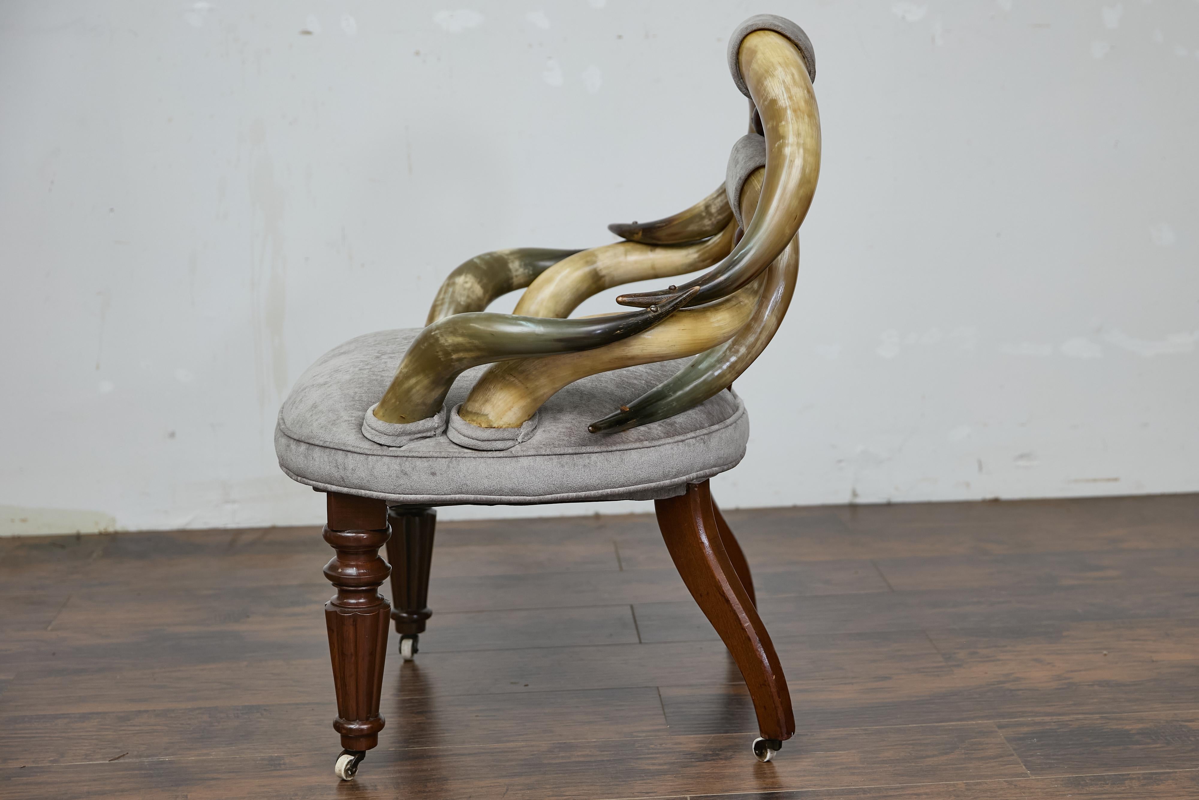 English Mahogany and Horn Victorian Chair with Velvet Upholstery circa 1880 For Sale 1