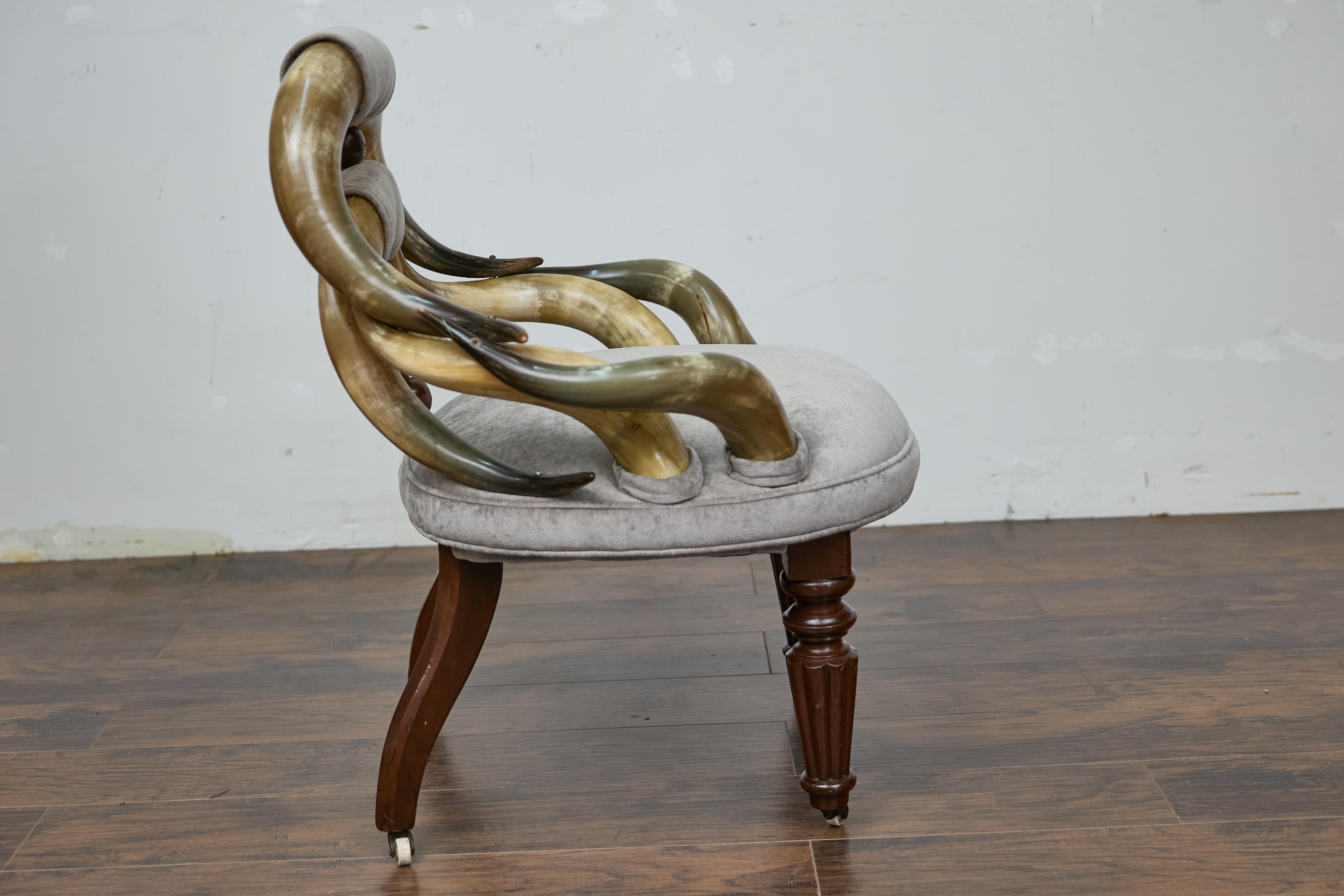 English Mahogany and Horn Victorian Chair with Velvet Upholstery circa 1880 For Sale 3