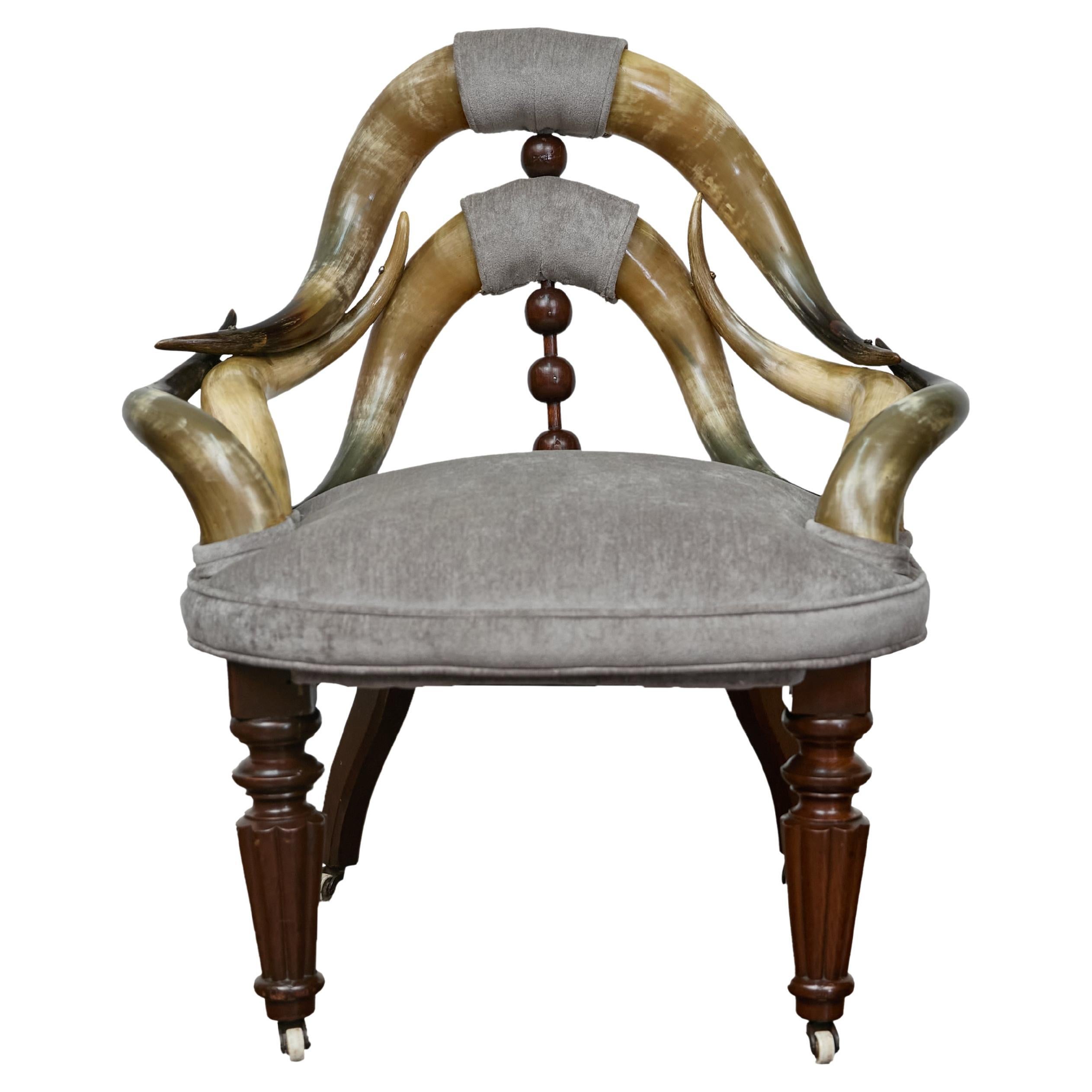 English Mahogany and Horn Victorian Chair with Velvet Upholstery circa 1880 For Sale