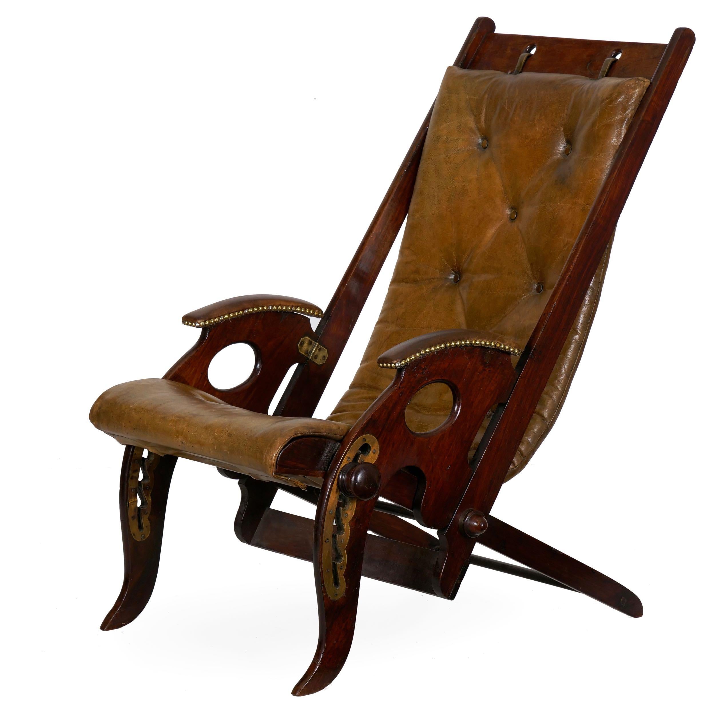English Mahogany and Leather Reclining Metamorphic Campaign Chair, 19th Century 4