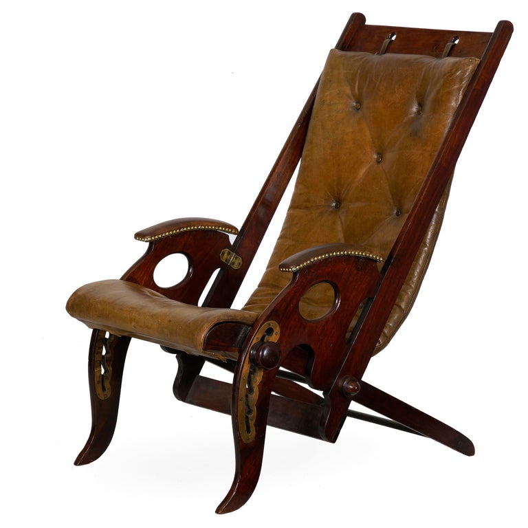 English Mahogany and Leather Reclining Metamorphic Campaign Chair, 19th