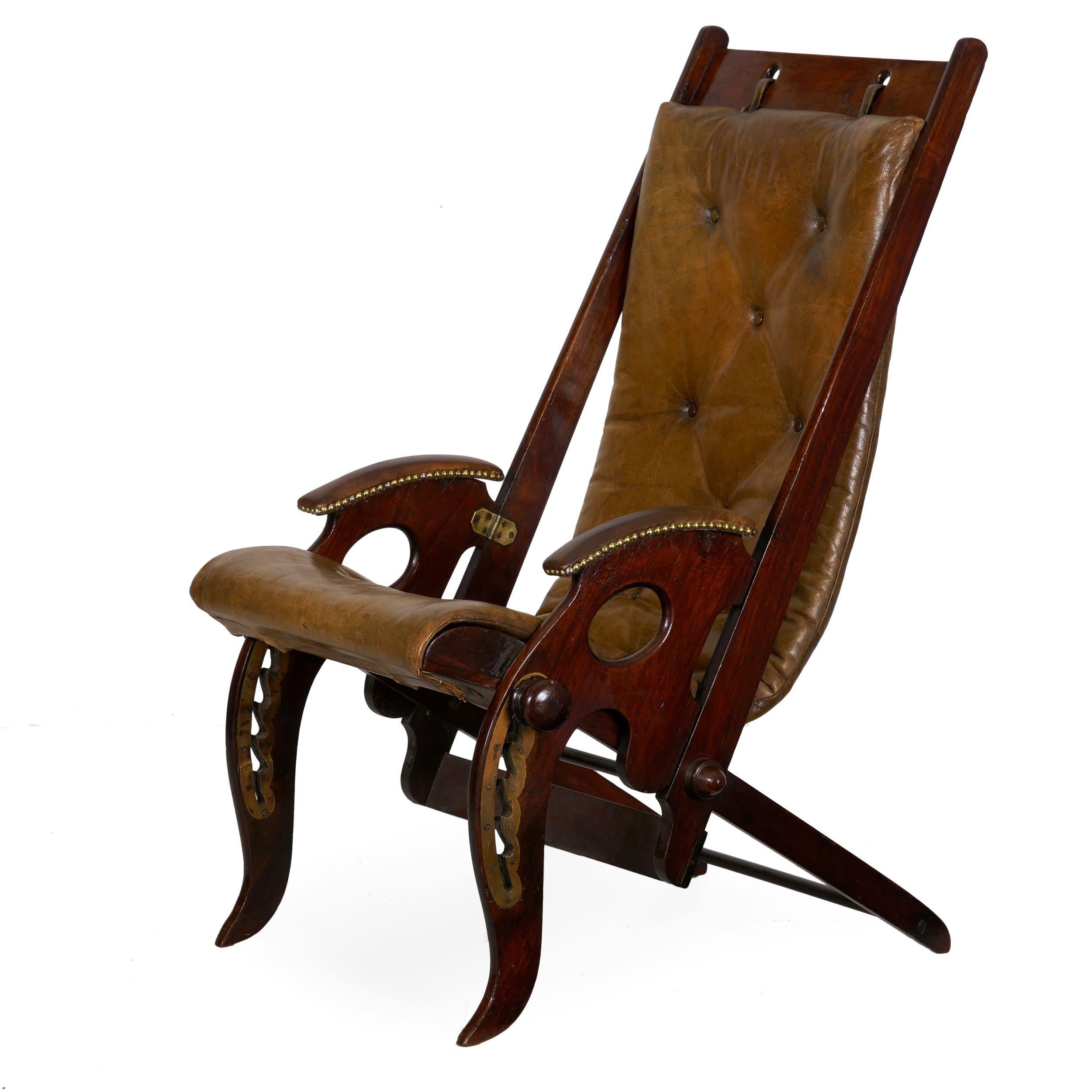 Victorian English Mahogany and Leather Reclining Metamorphic Campaign Chair, 19th Century