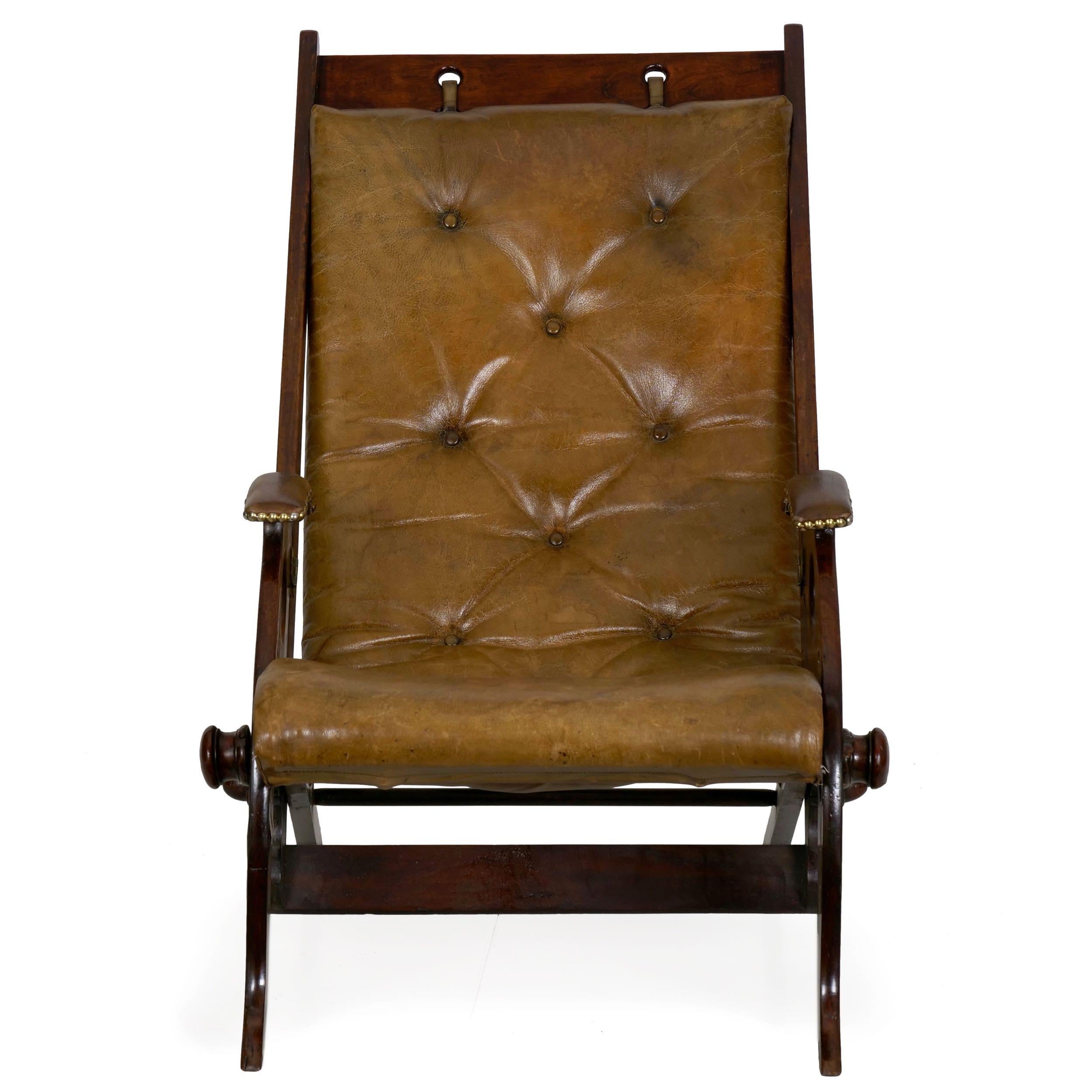 English Mahogany and Leather Reclining Metamorphic Campaign Chair, 19th Century In Good Condition In Shippensburg, PA