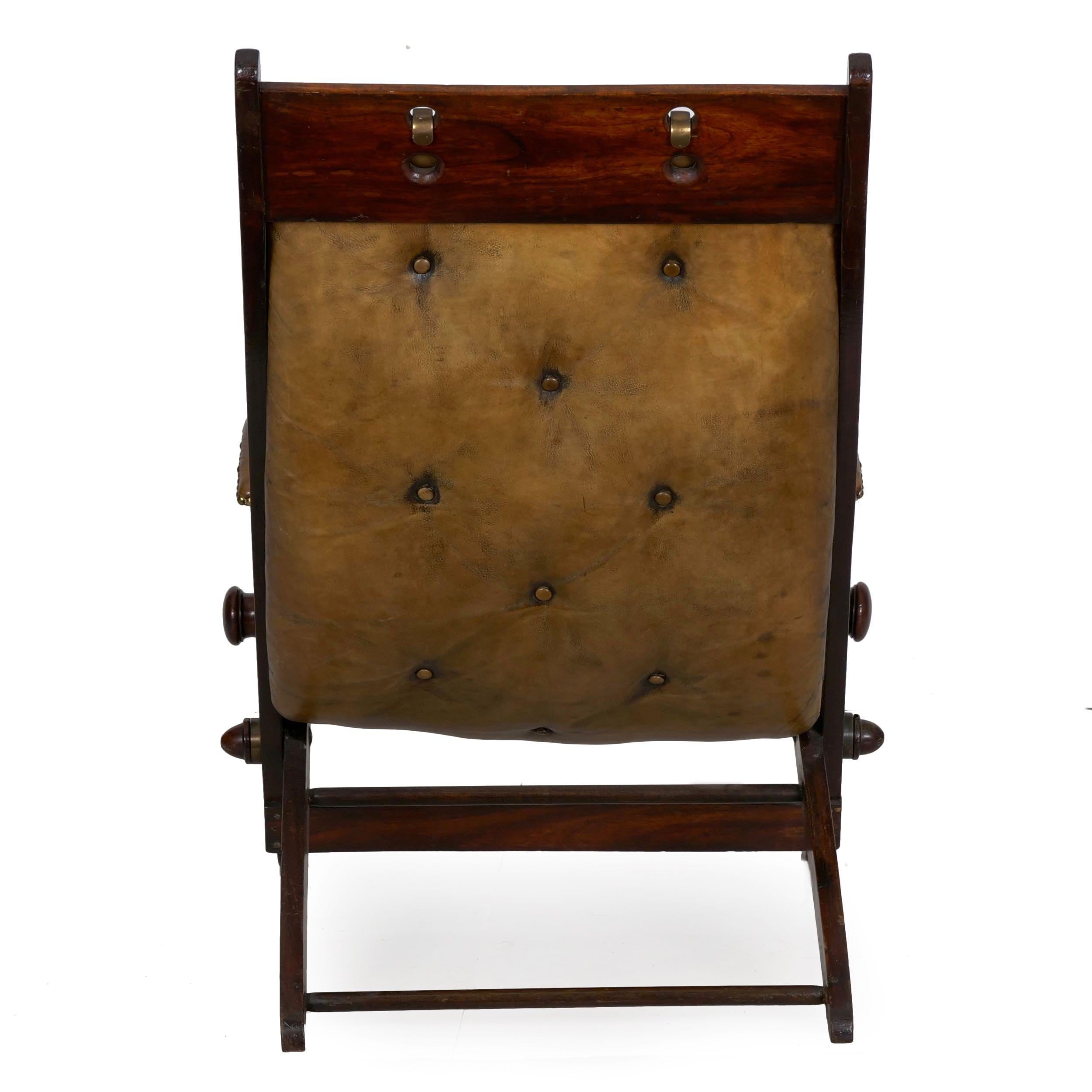 Brass English Mahogany and Leather Reclining Metamorphic Campaign Chair, 19th Century