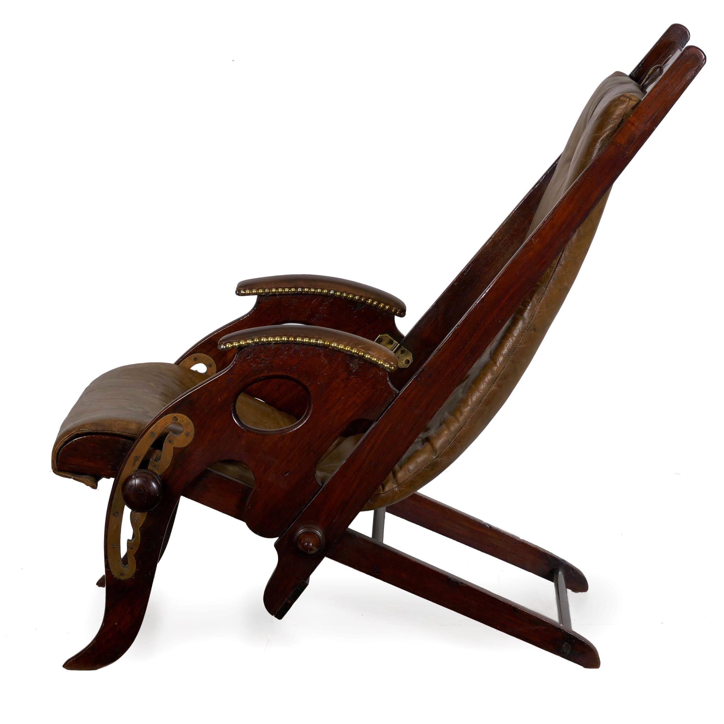 English Mahogany and Leather Reclining Metamorphic Campaign Chair, 19th Century 1