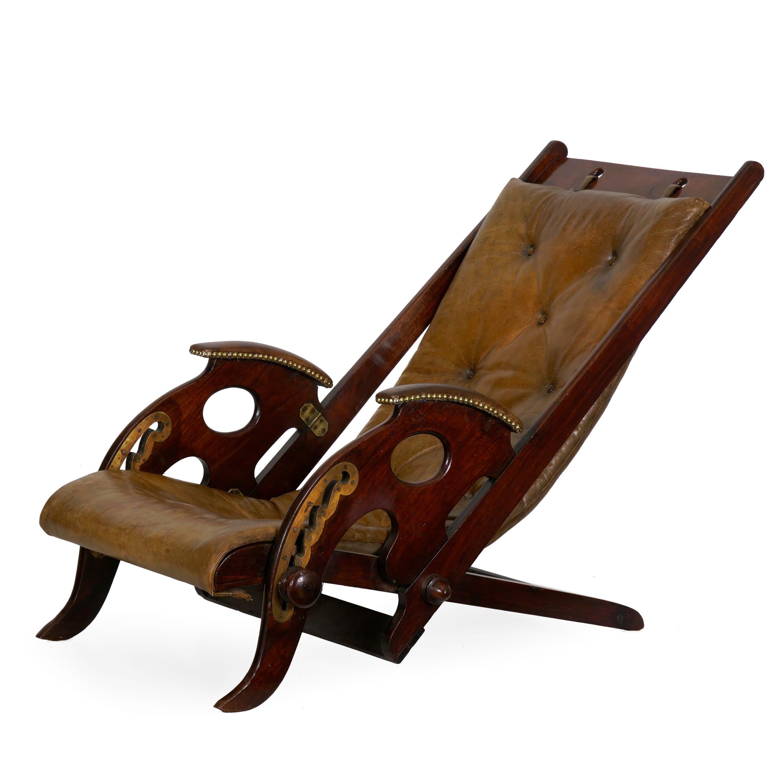 English Mahogany and Leather Reclining Metamorphic Campaign Chair, 19th Century 2
