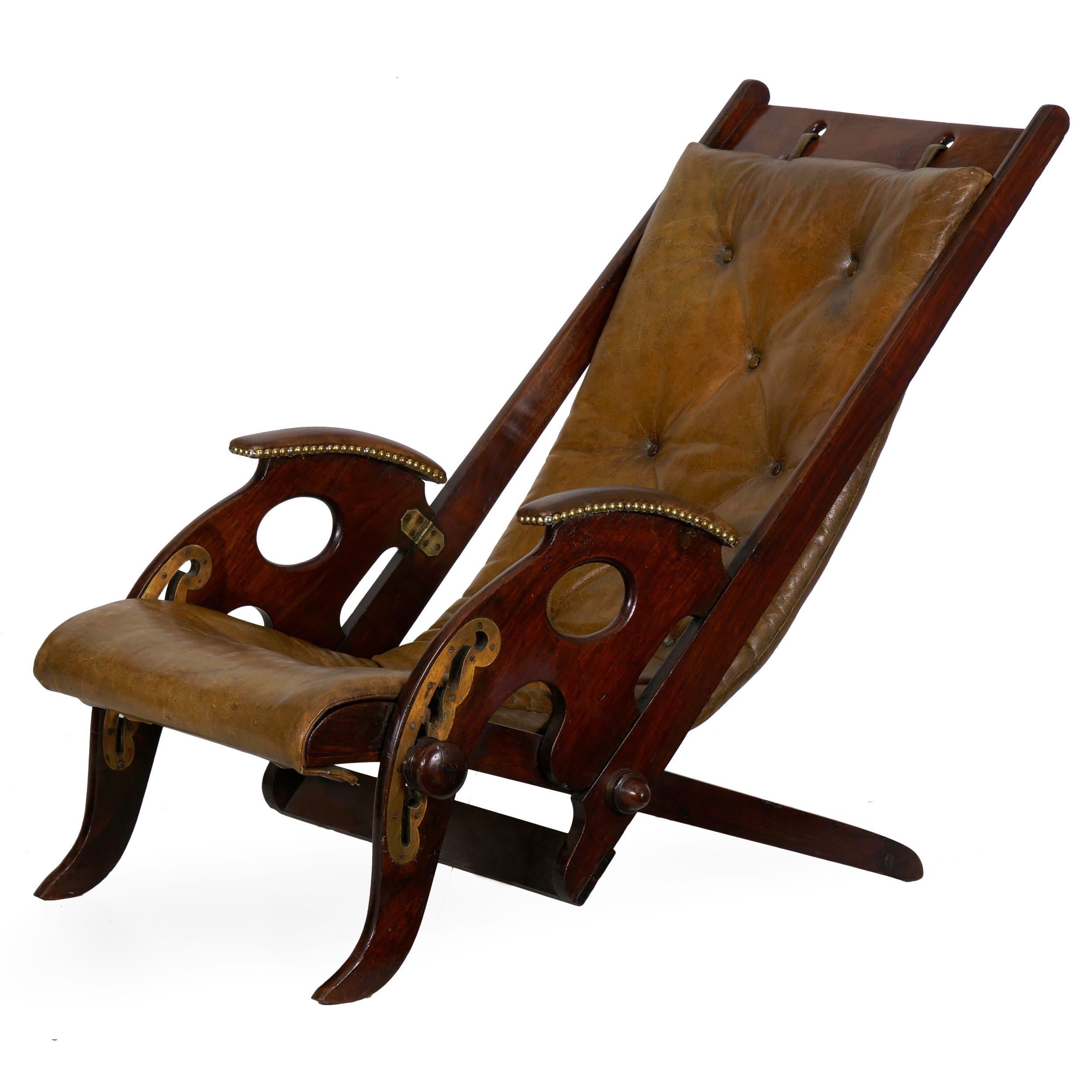English Mahogany and Leather Reclining Metamorphic Campaign Chair, 19th Century 3