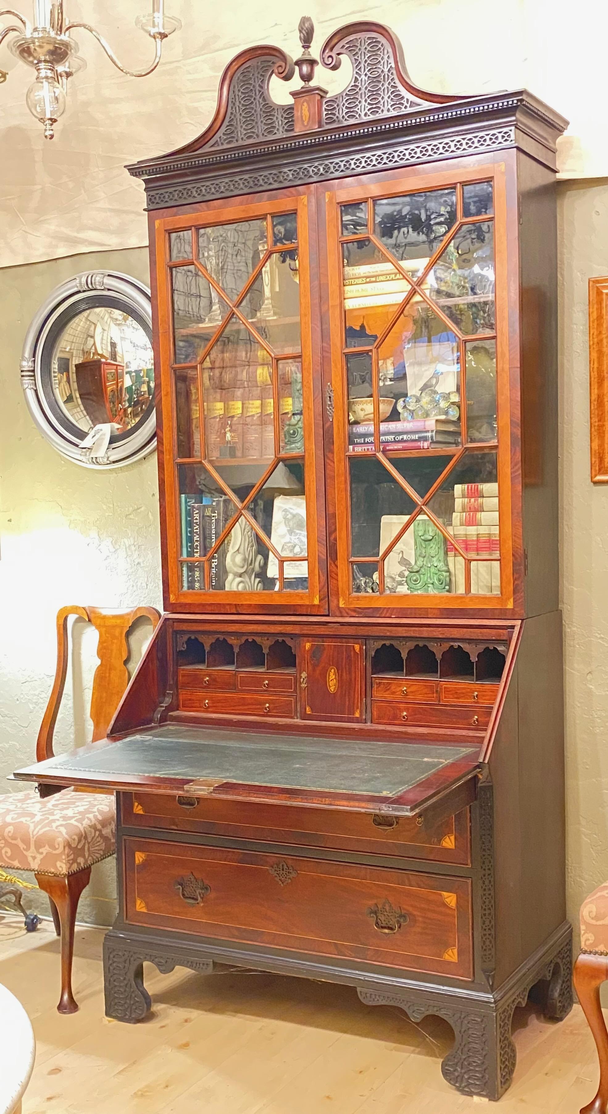 Inlay English Mahogany and Satinwood Secretary Desk Bookcase, 1790-1820 For Sale