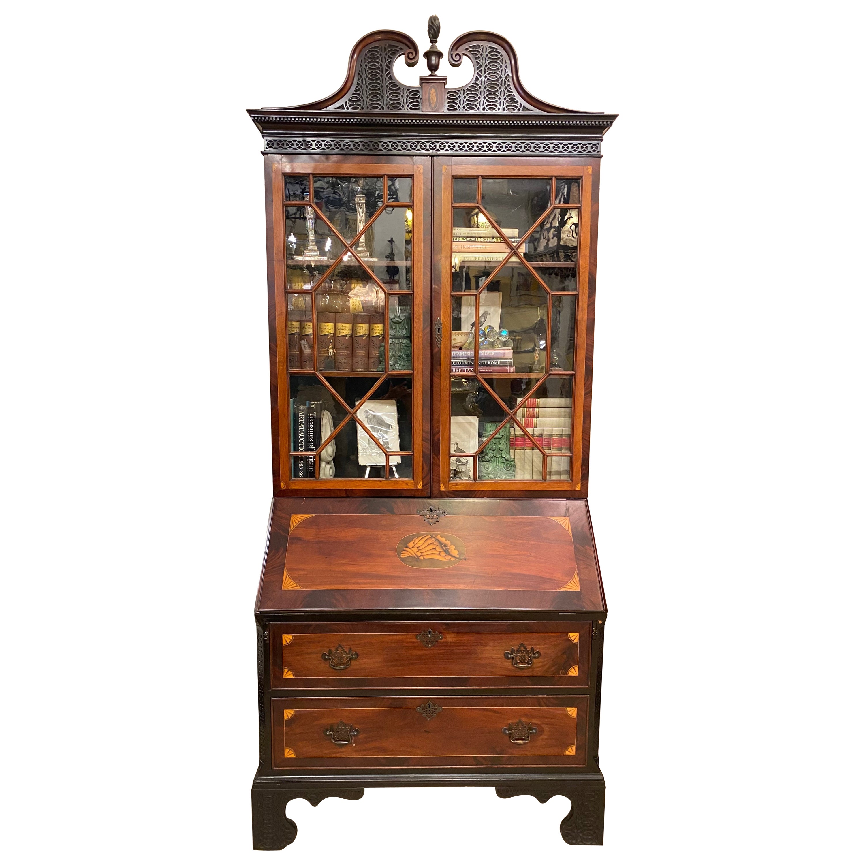 English Mahogany and Satinwood Secretary Desk Bookcase, 1790-1820