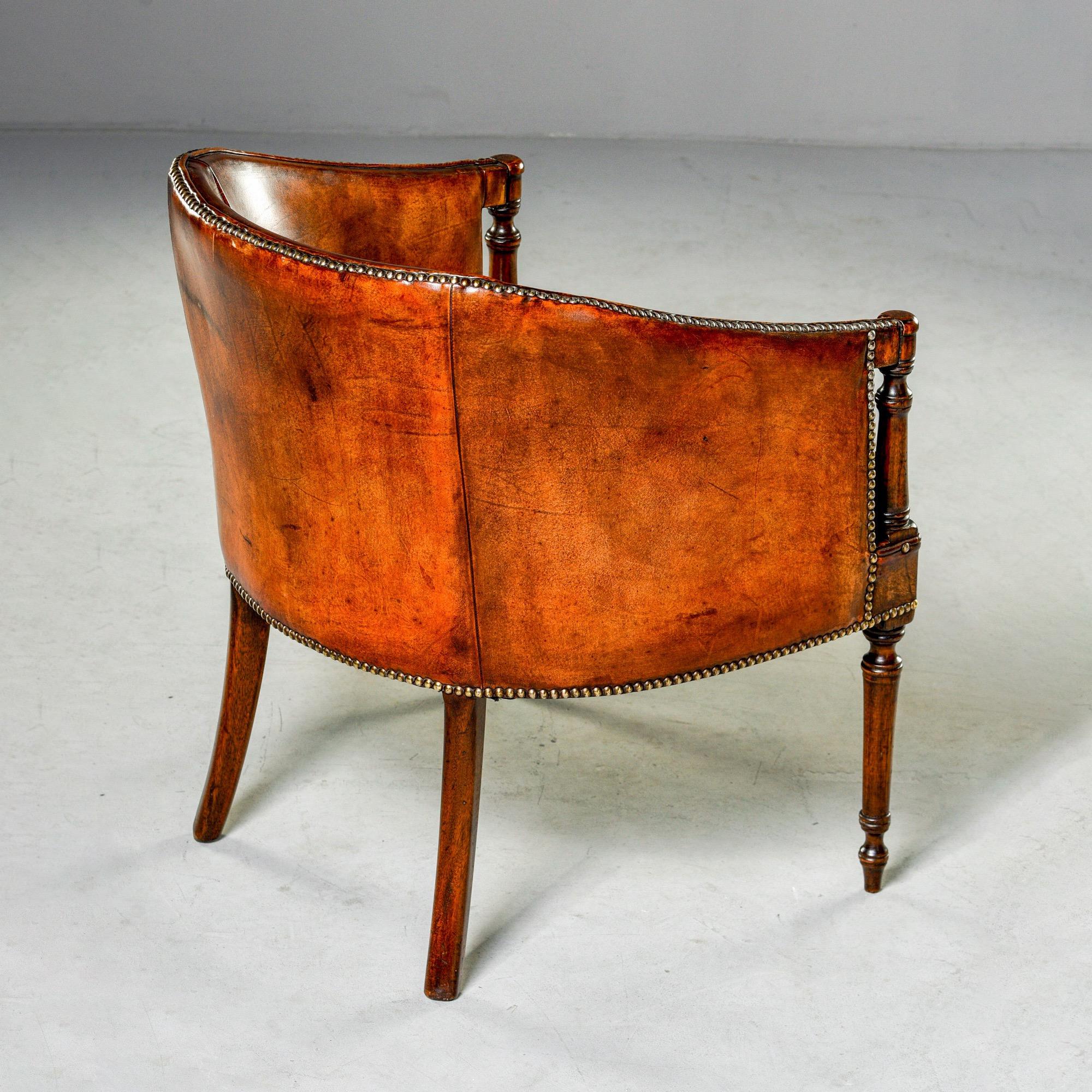 British Colonial English Mahogany Barrel Back Chair in Original Leather