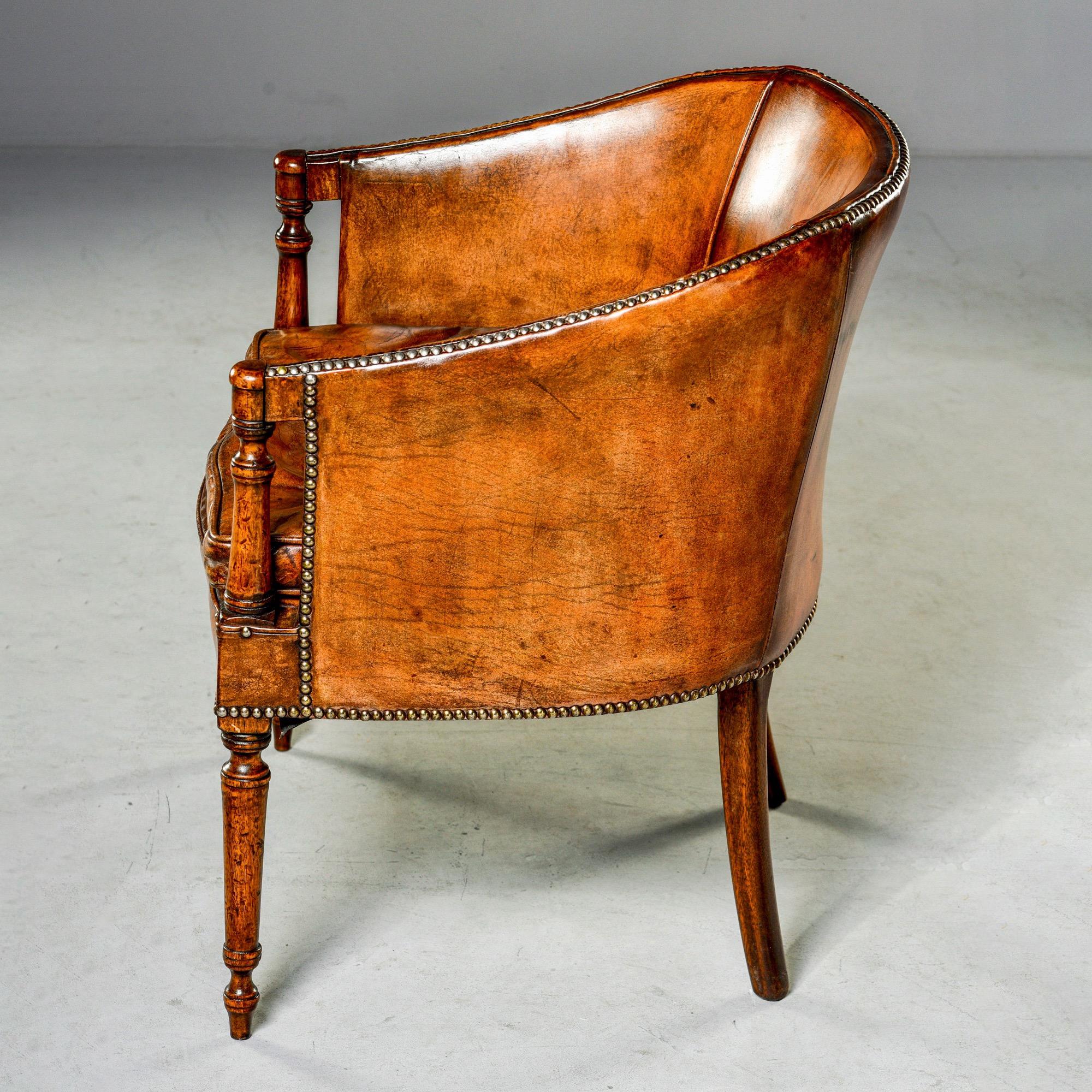Brass English Mahogany Barrel Back Chair in Original Leather
