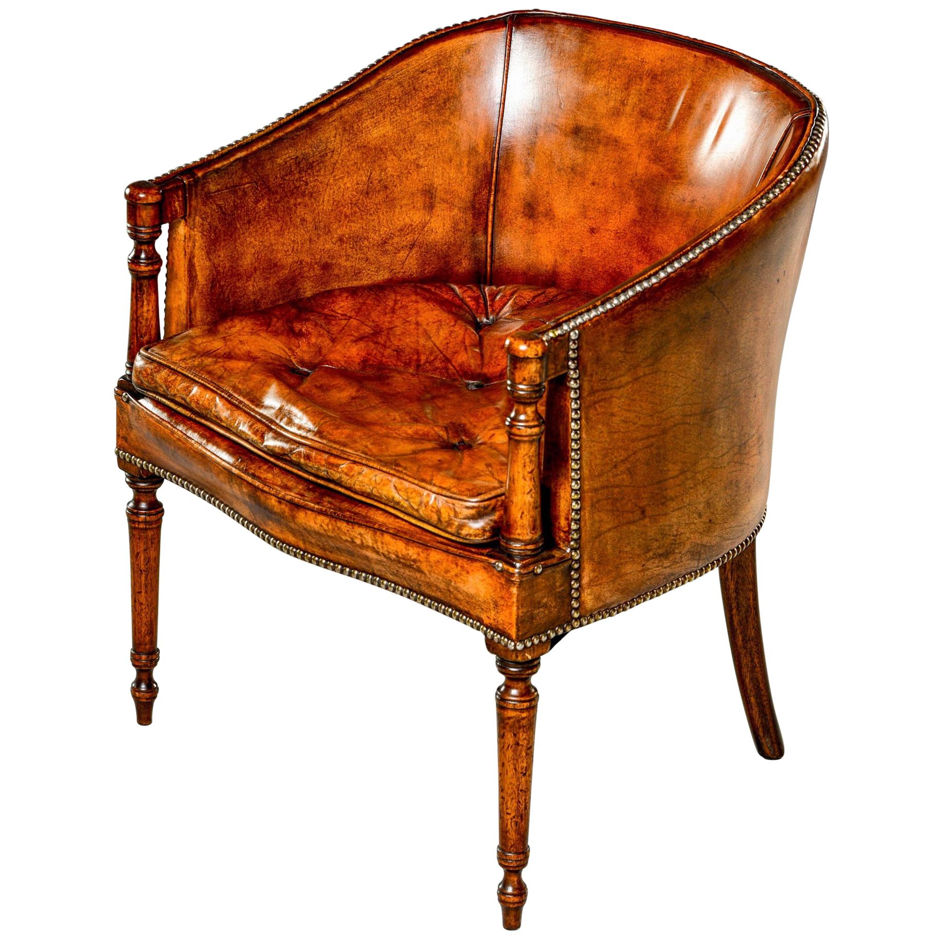 English Mahogany Barrel Back Chair in Original Leather