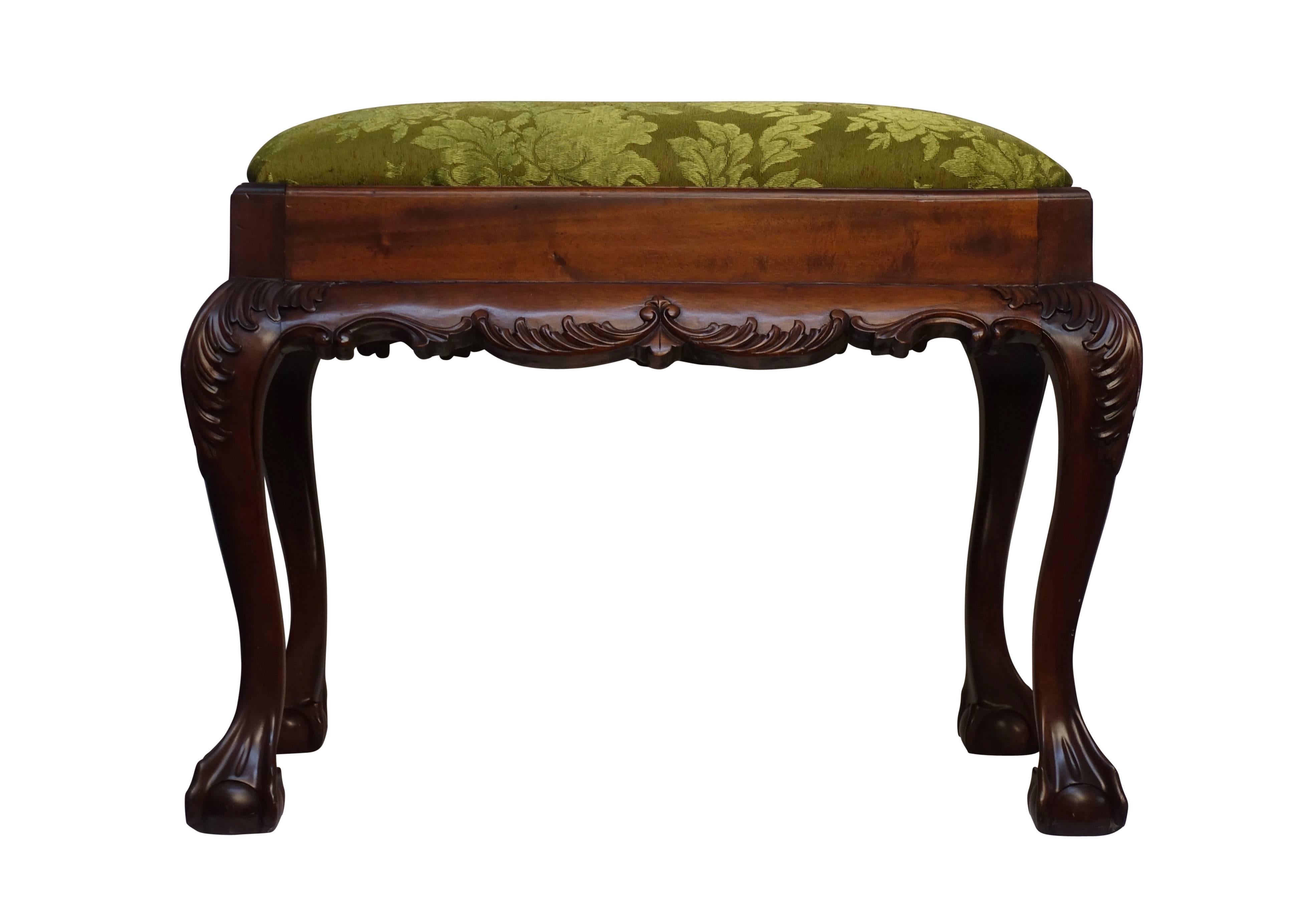 Chippendale English Mahogany Bench or Stool with Claw and Ball Feet For Sale