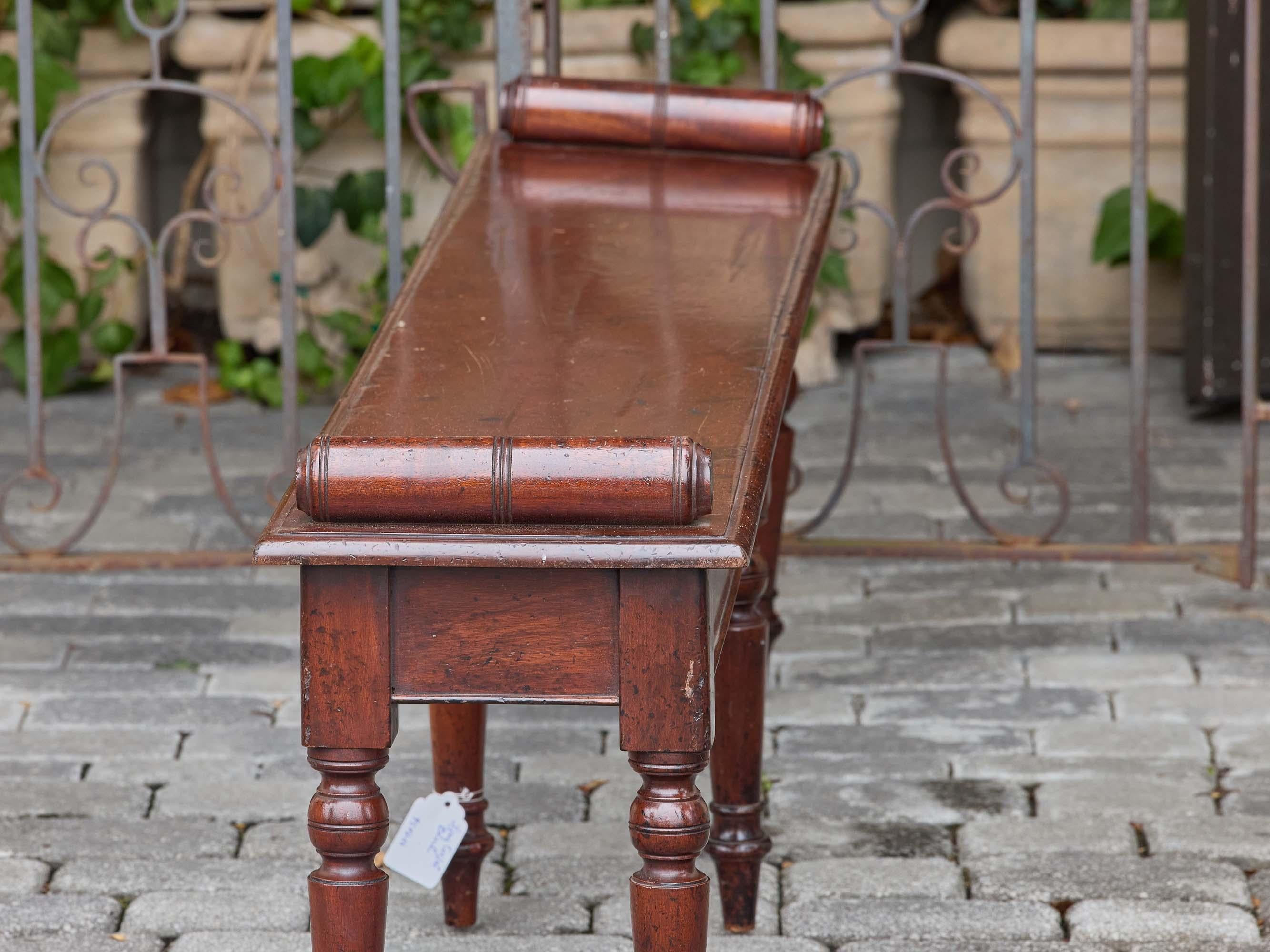 English Mahogany Bench with Turned Legs and Scroll Ends, Circa 1940 For Sale 6