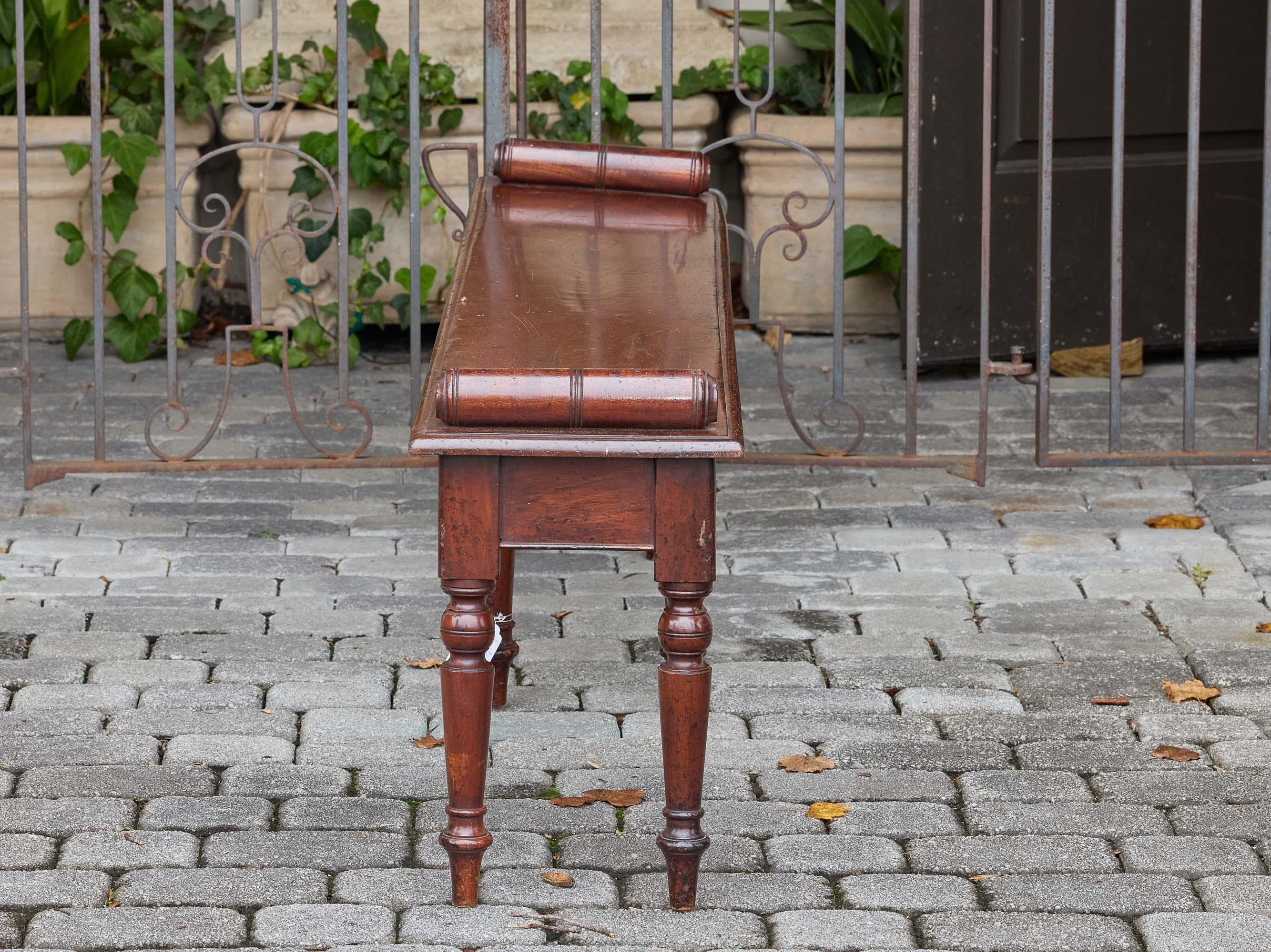 English Mahogany Bench with Turned Legs and Scroll Ends, Circa 1940 For Sale 7