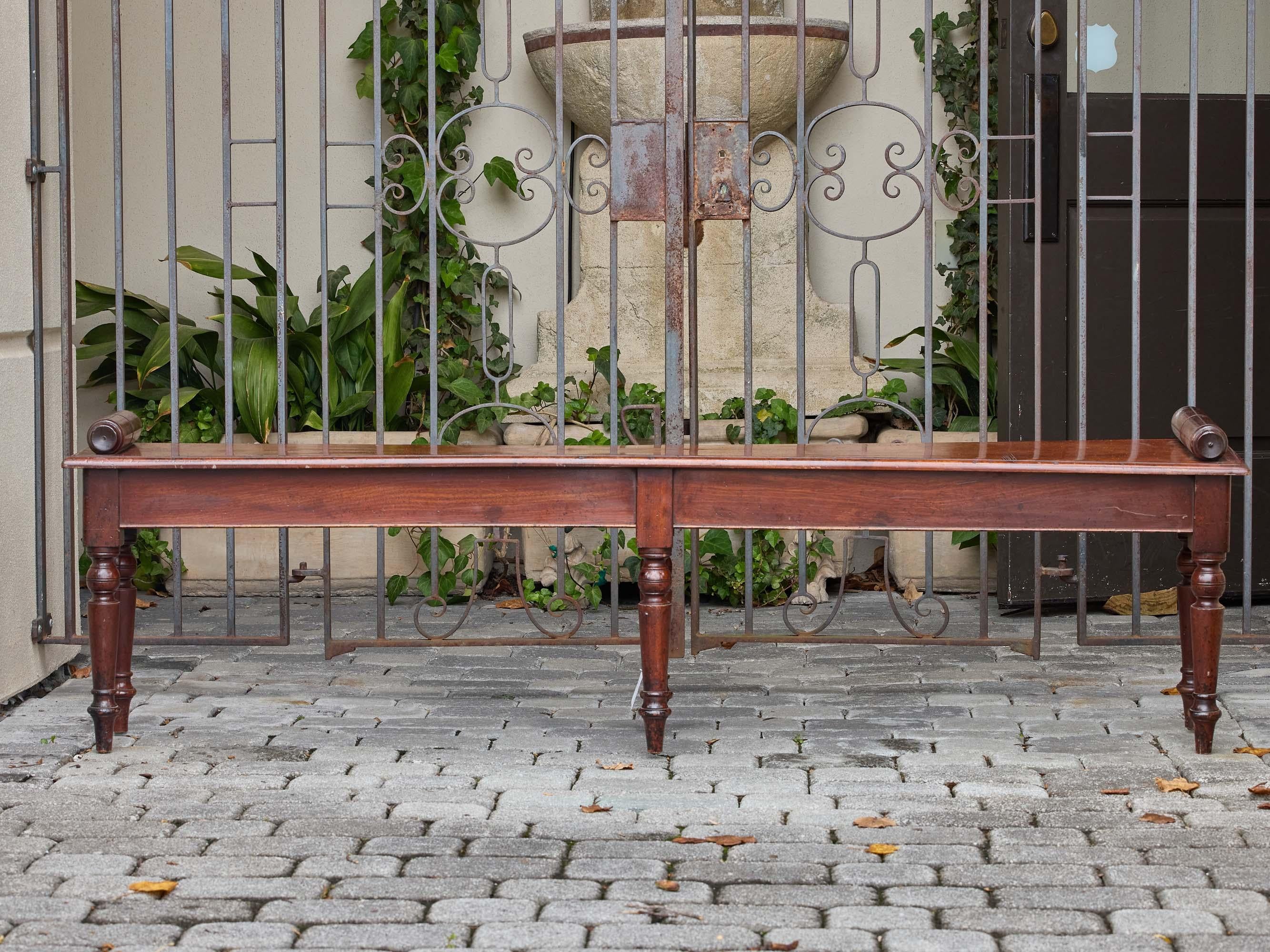 English Mahogany Bench with Turned Legs and Scroll Ends, Circa 1940 For Sale 14