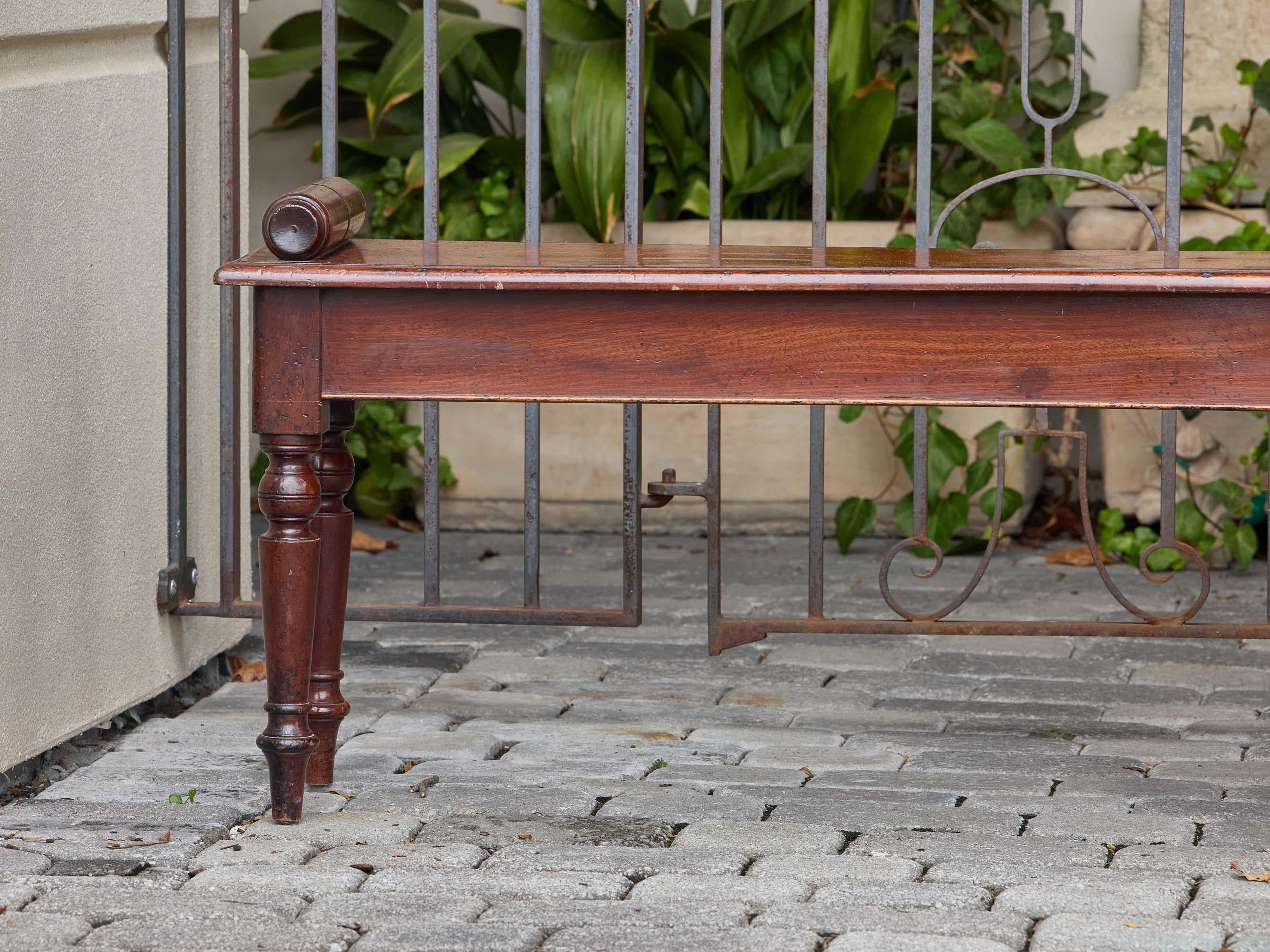 20th Century English Mahogany Bench with Turned Legs and Scroll Ends, Circa 1940 For Sale