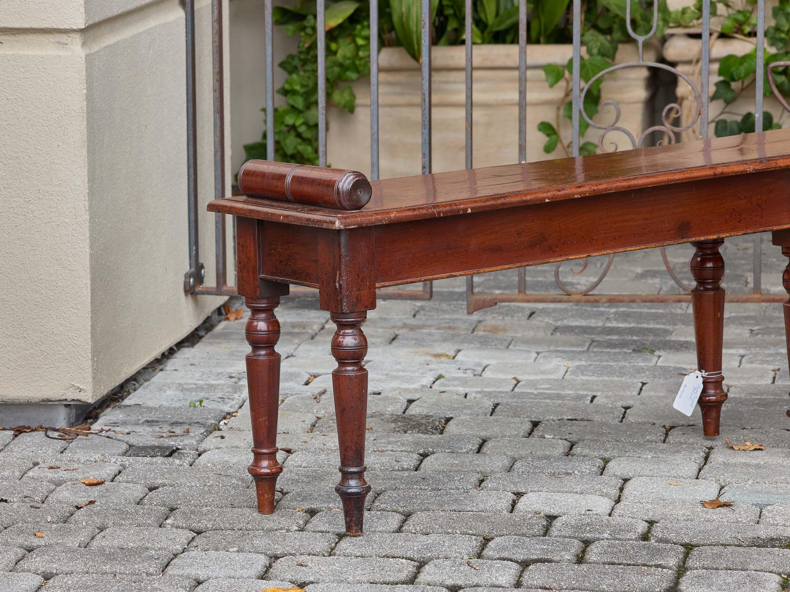 English Mahogany Bench with Turned Legs and Scroll Ends, Circa 1940 For Sale 2