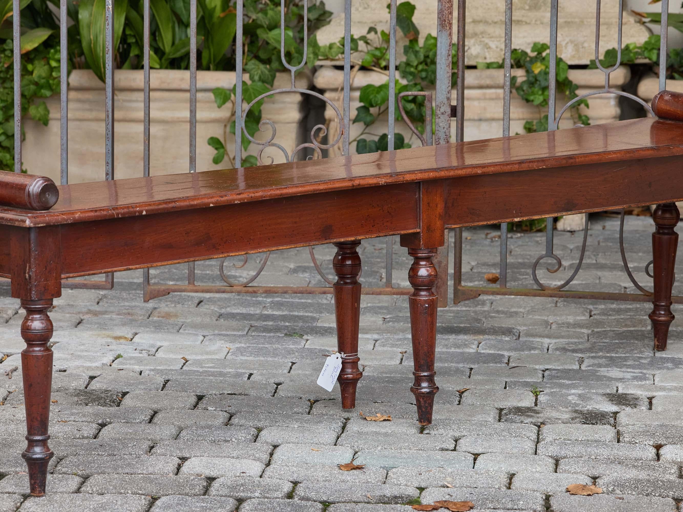 English Mahogany Bench with Turned Legs and Scroll Ends, Circa 1940 For Sale 3