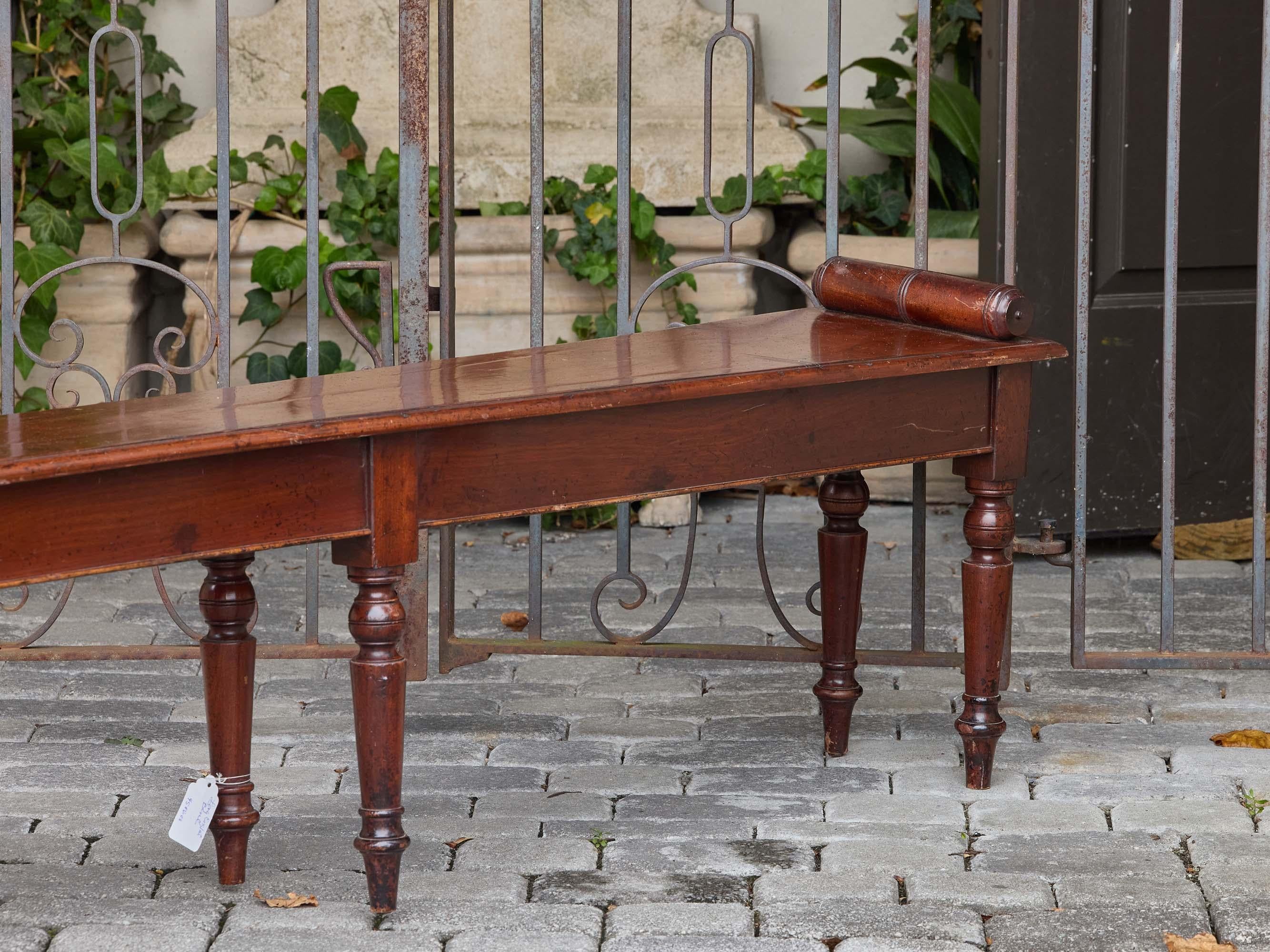 English Mahogany Bench with Turned Legs and Scroll Ends, Circa 1940 For Sale 4