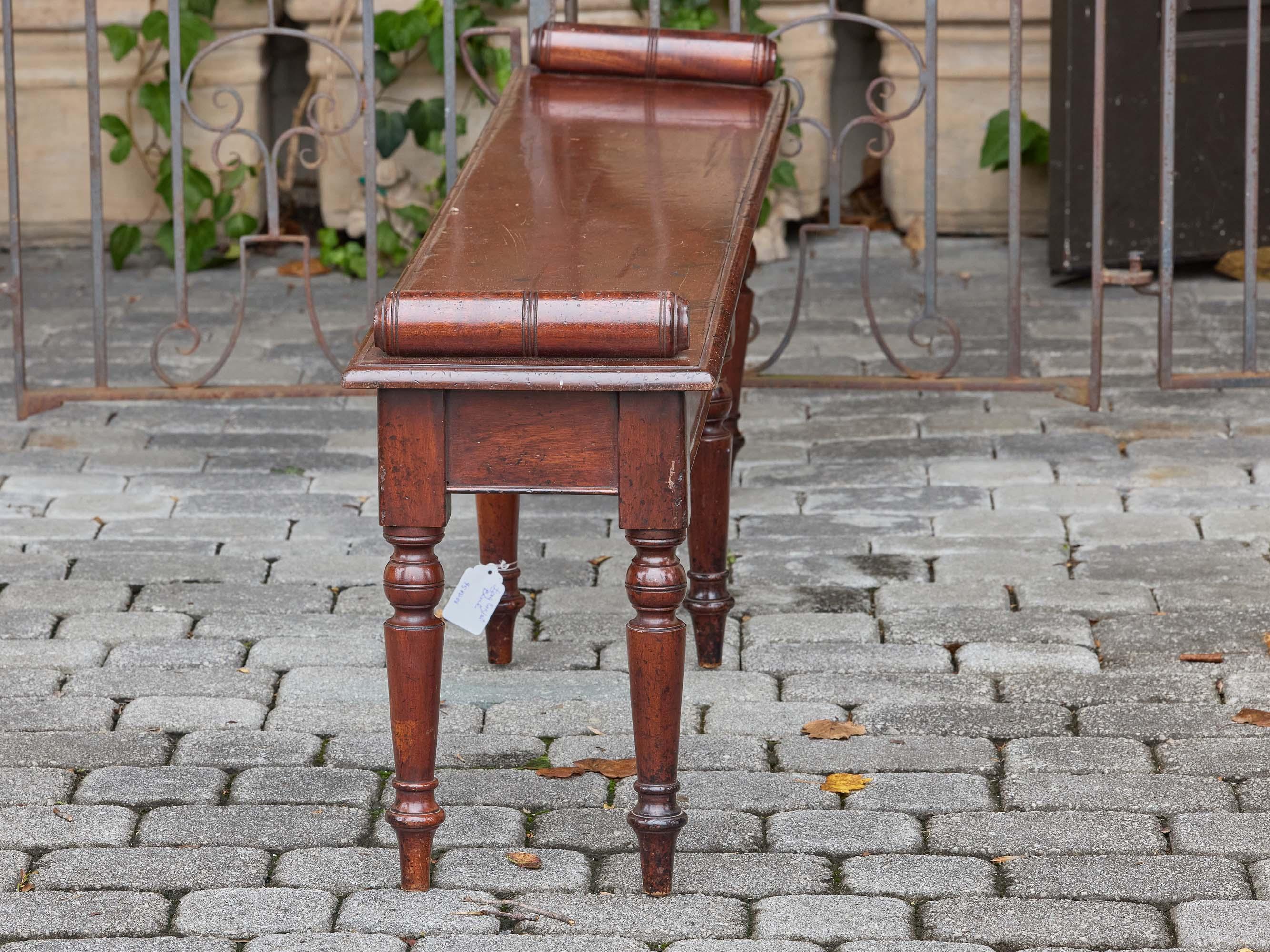 English Mahogany Bench with Turned Legs and Scroll Ends, Circa 1940 For Sale 5