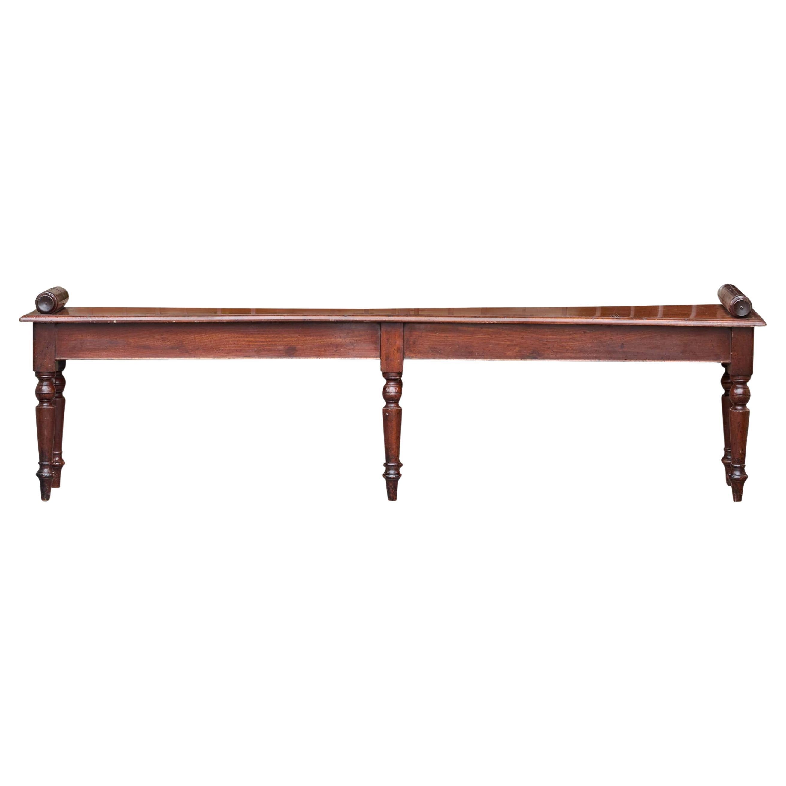 English Mahogany Bench with Turned Legs and Scroll Ends, Circa 1940 For Sale