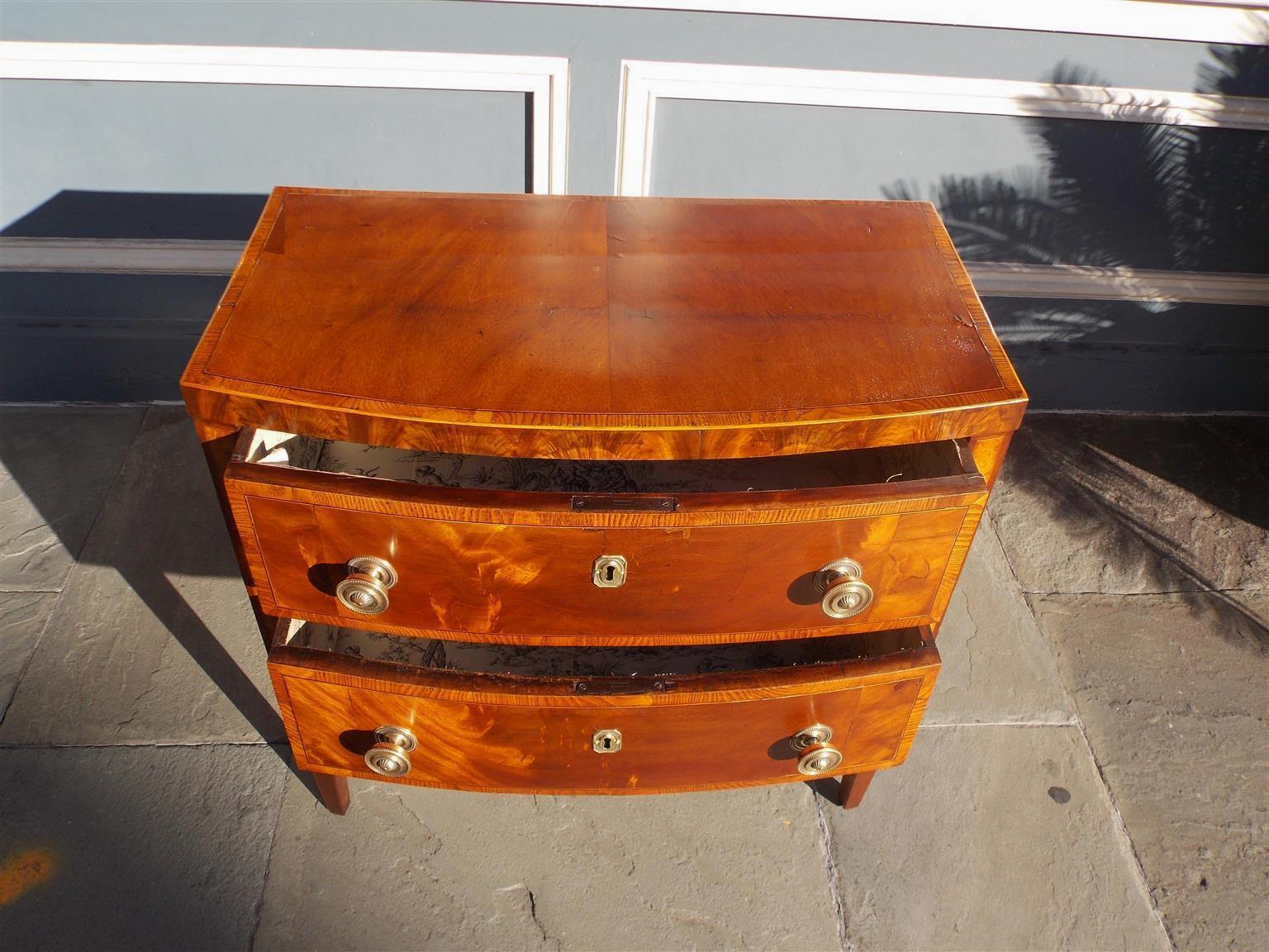 George III English Mahogany Bow Front Inlaid Two Drawer Chest with Tapered Legs, C. 1780