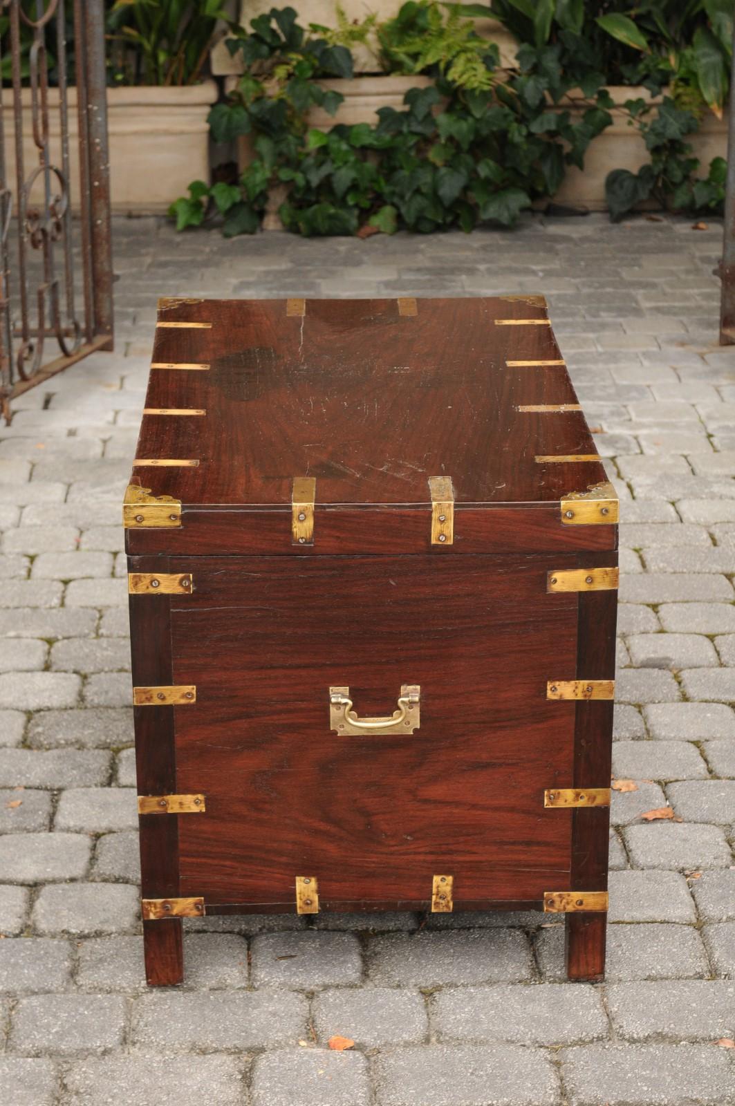 19th Century English Mahogany Brass-Bound Campaign Trunk with Lateral Handles, circa 1870