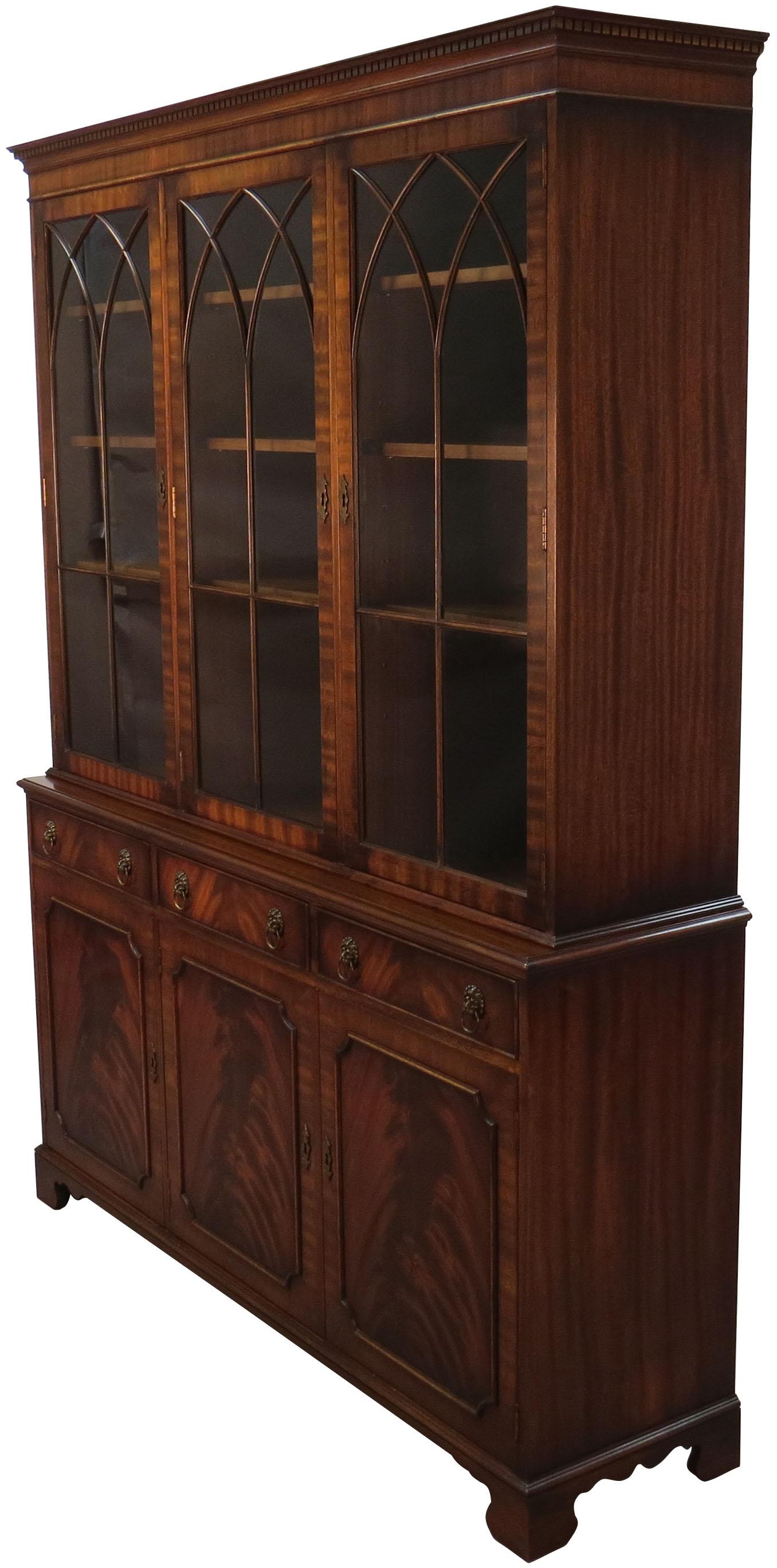 English Mahogany Breakfront Bookcase with Gothic Arch Glass Doors 6