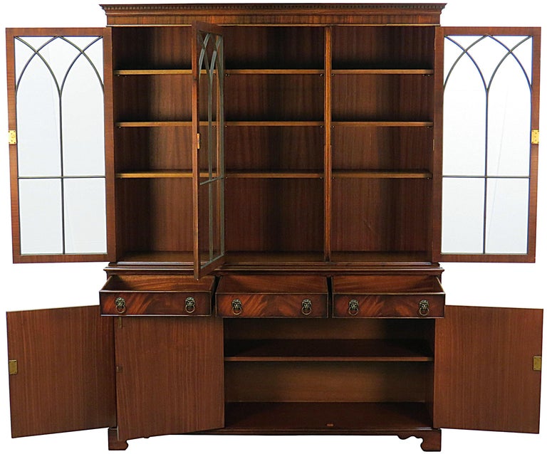 English Mahogany Breakfront Bookcase with Gothic Arch Glass Doors at