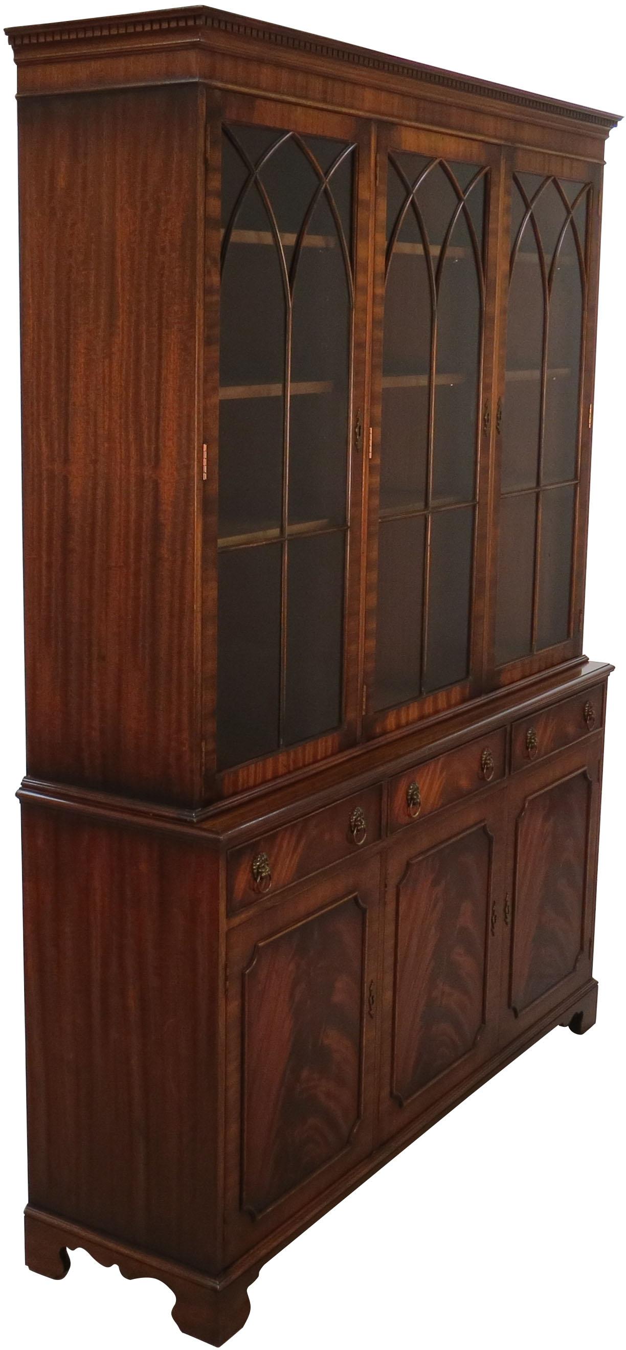 English Mahogany Breakfront Bookcase with Gothic Arch Glass Doors 5