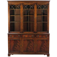 Vintage English Mahogany Breakfront Bookcase with Gothic Arch Glass Doors