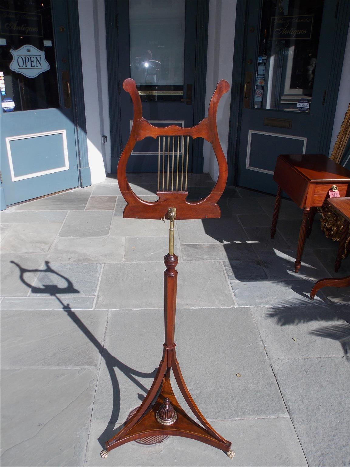 George III English Mahogany Bronze Mounted and Inlaid Lyre Music Stand on Paw Feet. C. 1800