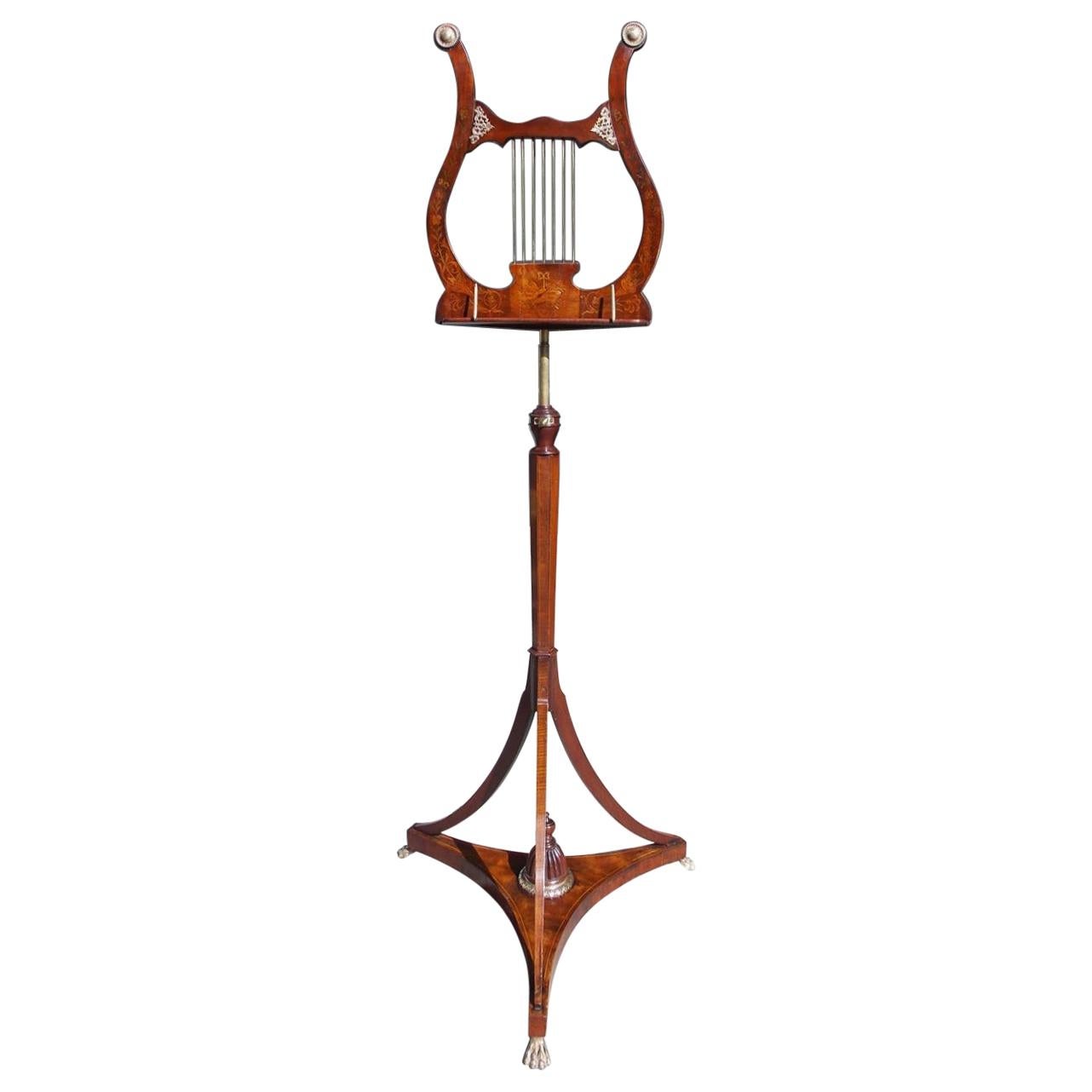 English Mahogany Bronze Mounted and Inlaid Lyre Music Stand on Paw Feet. C. 1800