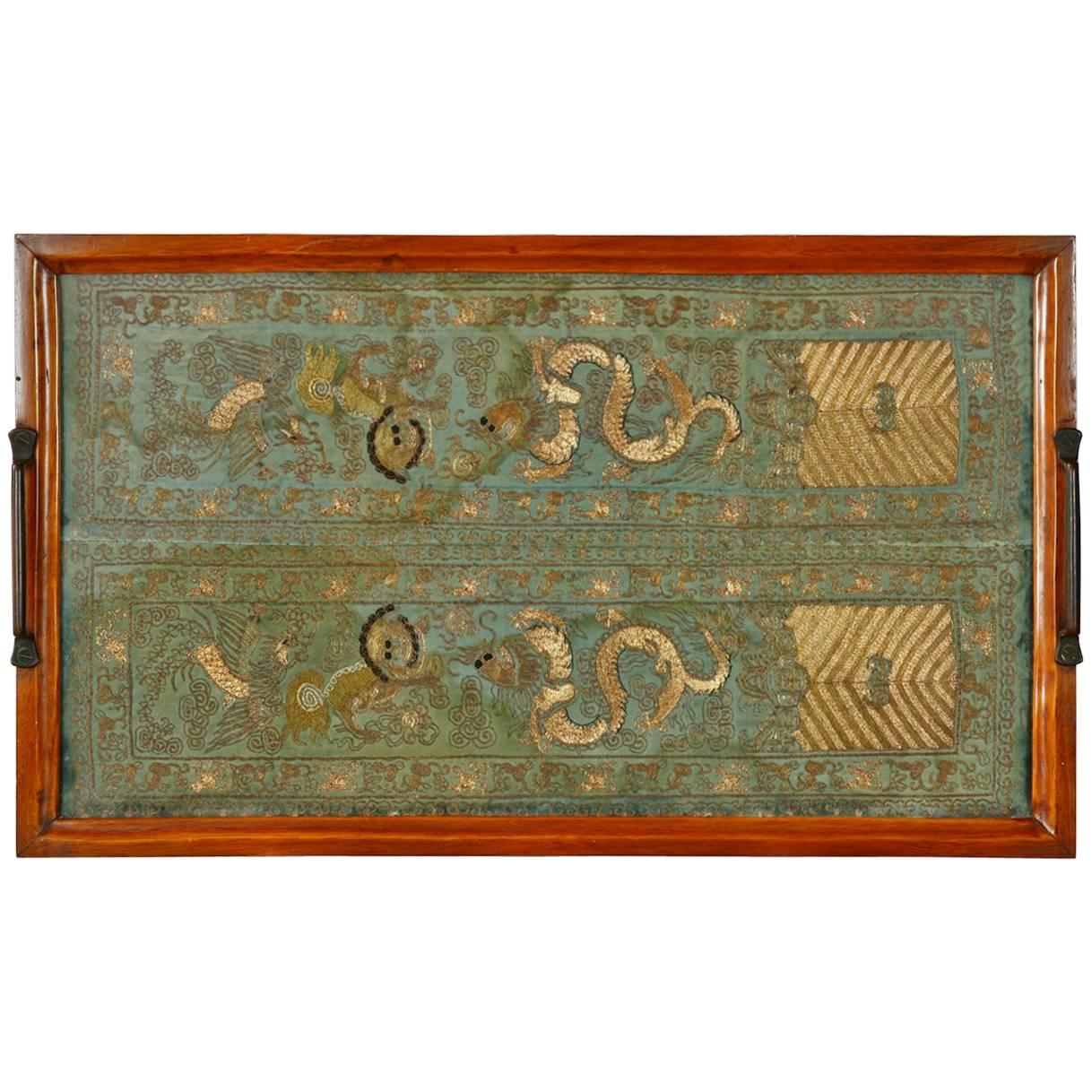 English Mahogany Butler
s Tray with Chinese Silk
