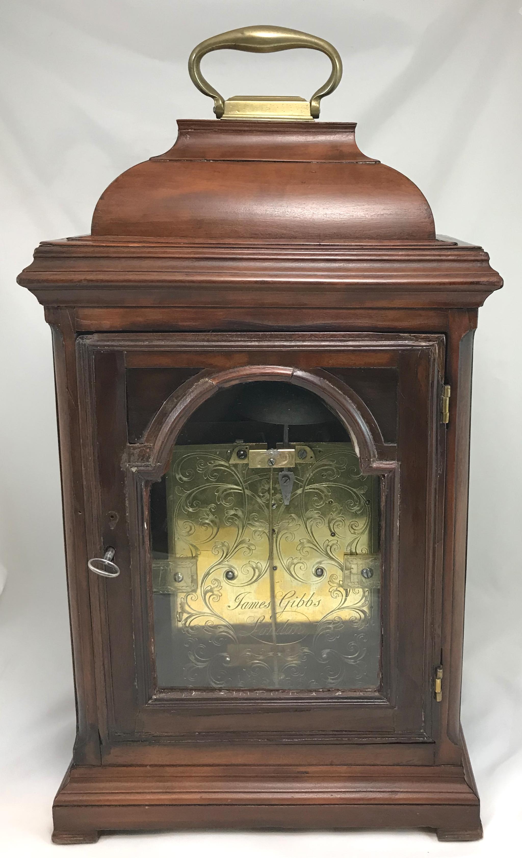 18th Century English Mahogany Case Bracket Clock, James Gibbs London, circa 1740