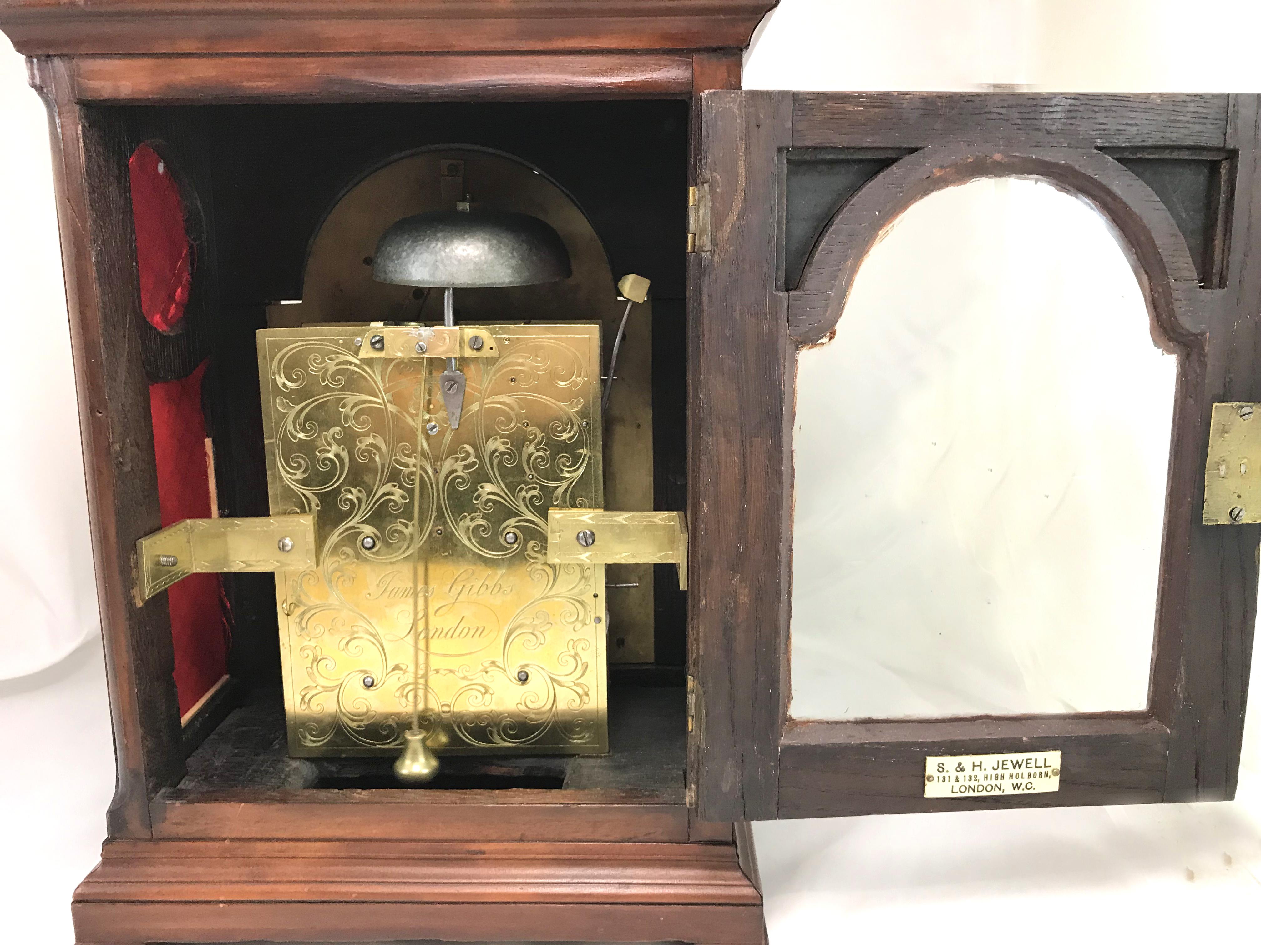Brass English Mahogany Case Bracket Clock, James Gibbs London, circa 1740