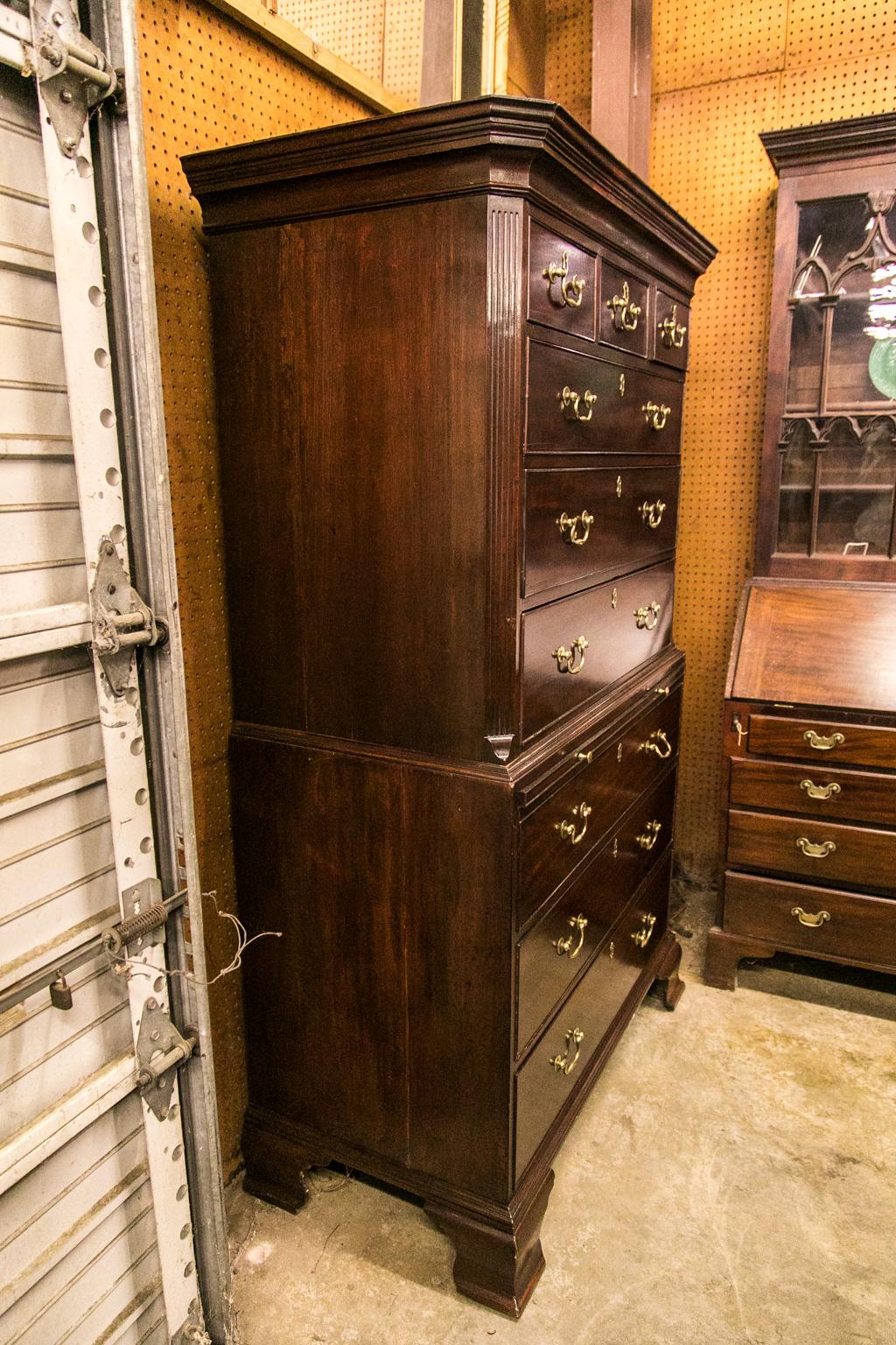 Brass English Mahogany Chest on Chest For Sale