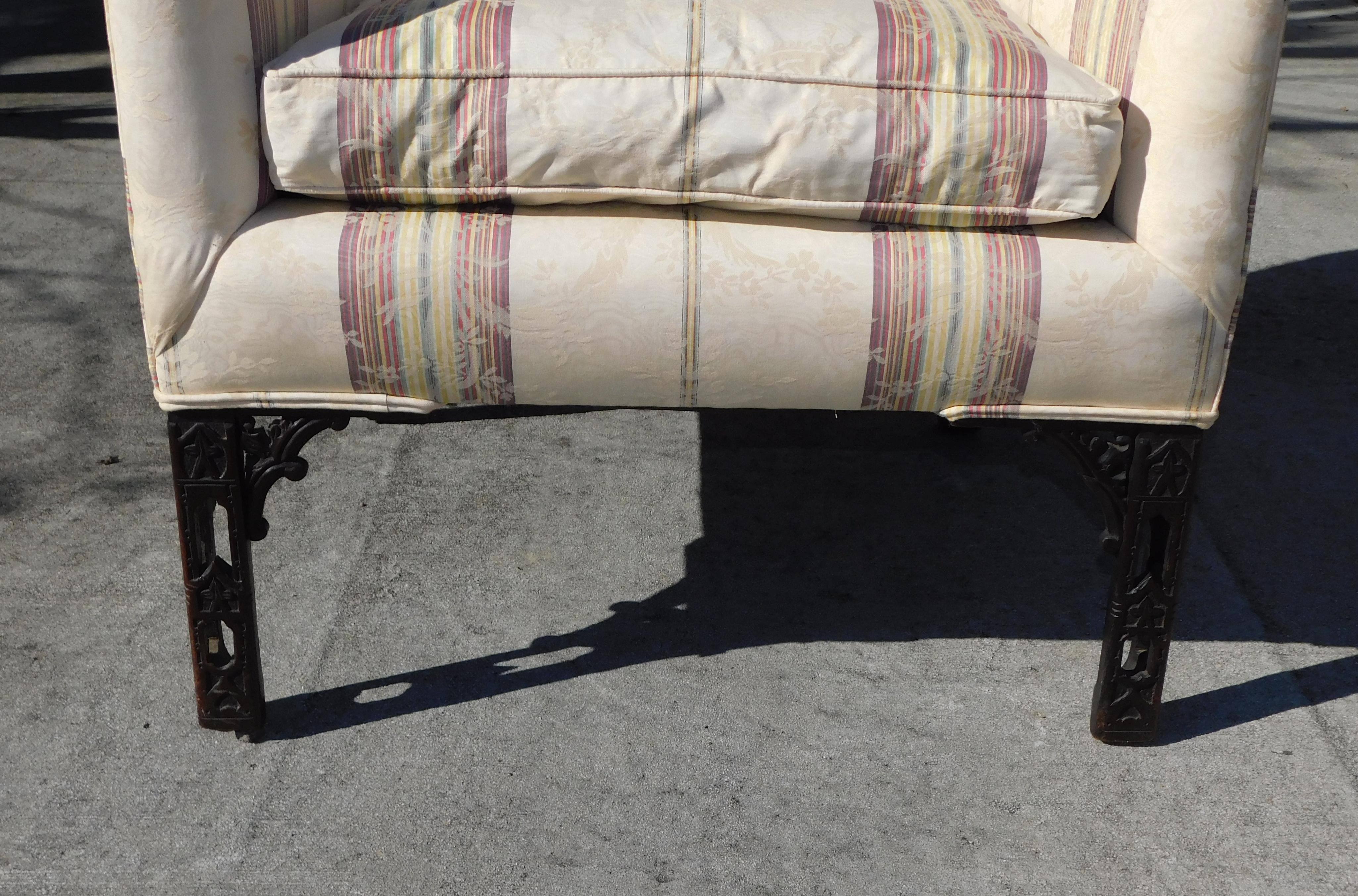 Late 18th Century English Chinese Chippendale Mahogany Upholstered Fret Work Arm Chair, C. 1780 For Sale