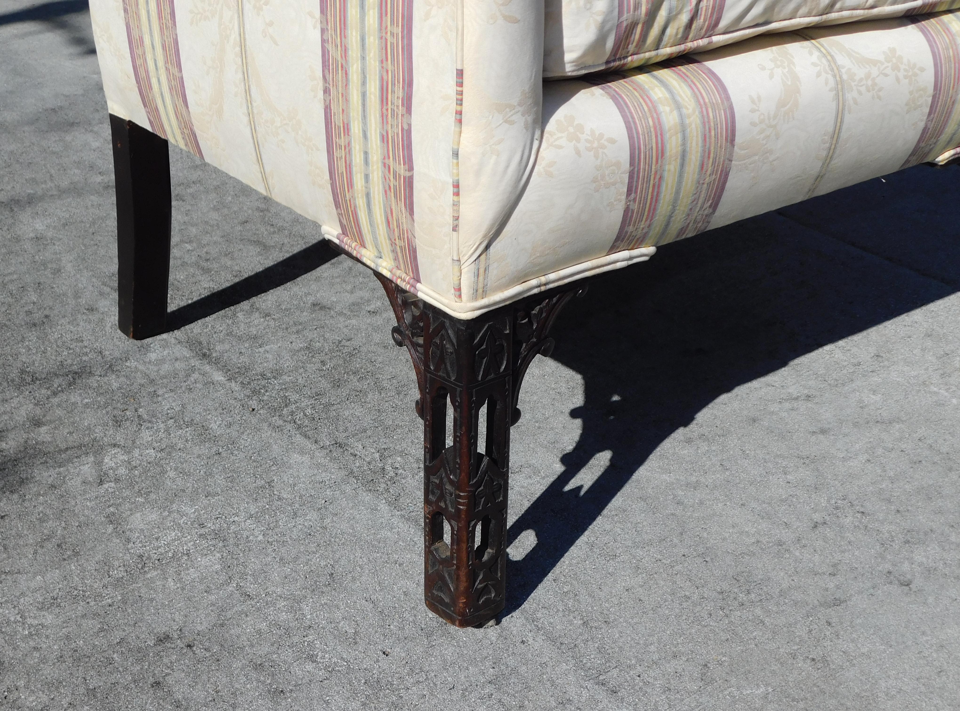 Upholstery English Chinese Chippendale Mahogany Upholstered Fret Work Arm Chair, C. 1780 For Sale