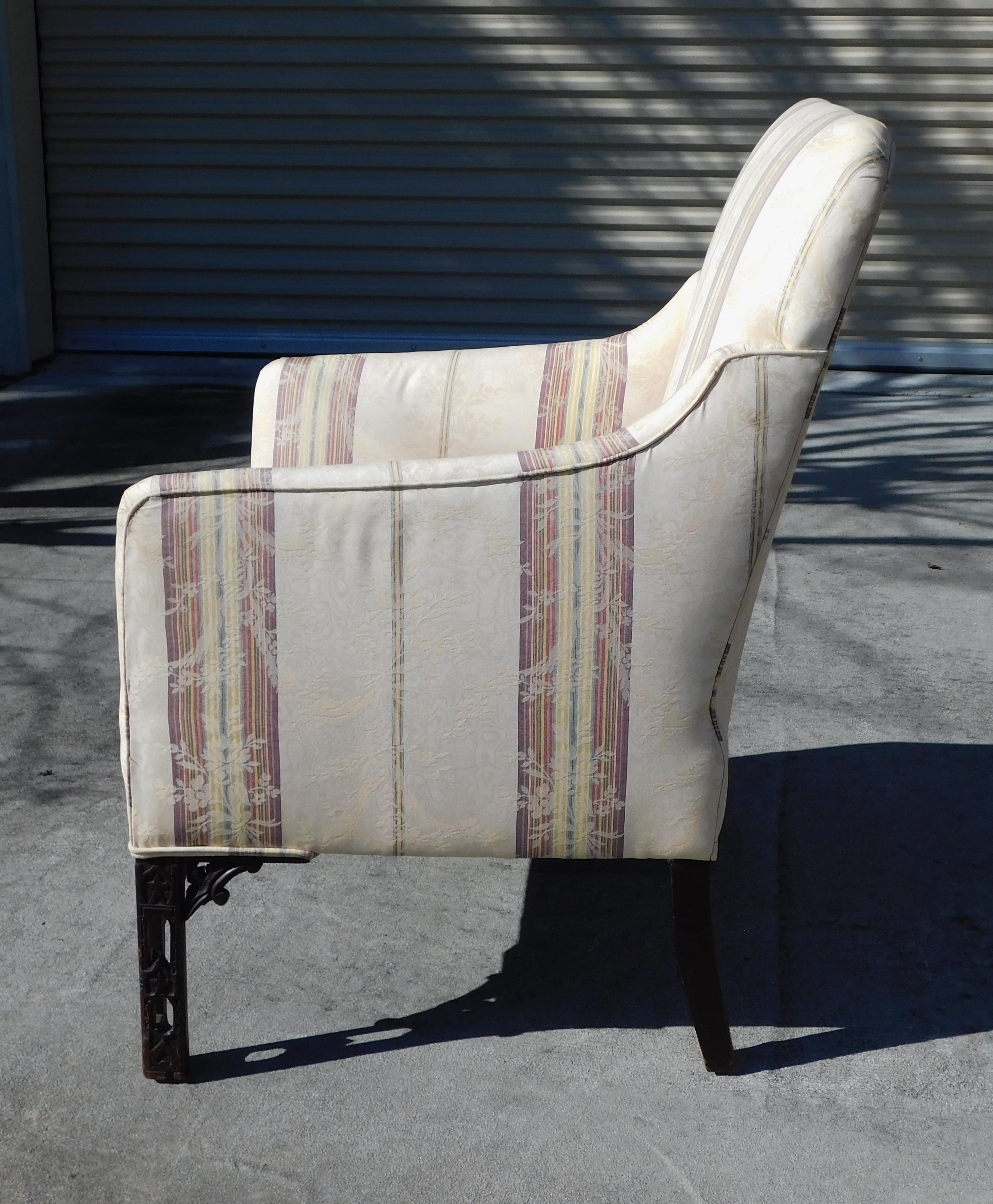 English Chinese Chippendale Mahogany Upholstered Fret Work Arm Chair, C. 1780 For Sale 2