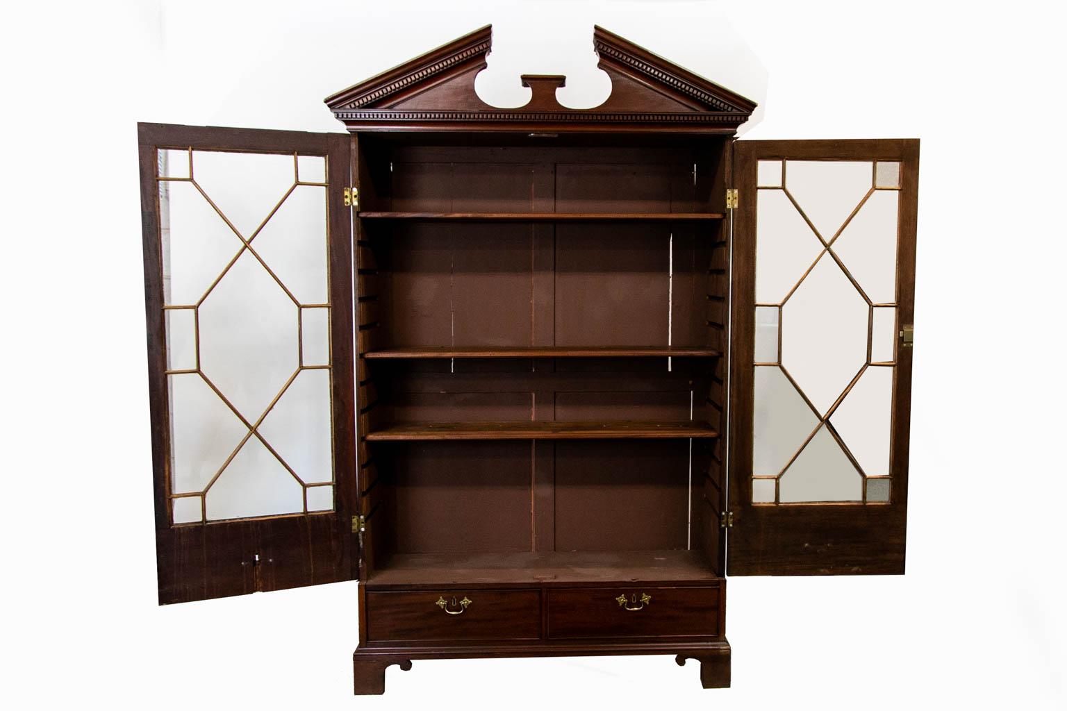 Brass English Mahogany Chippendale Bookcase For Sale