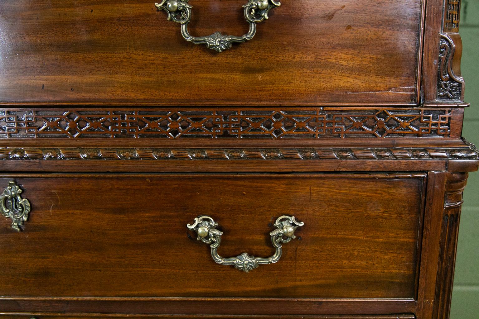 Hand-Carved English Mahogany Chippendale Chest on Chest For Sale