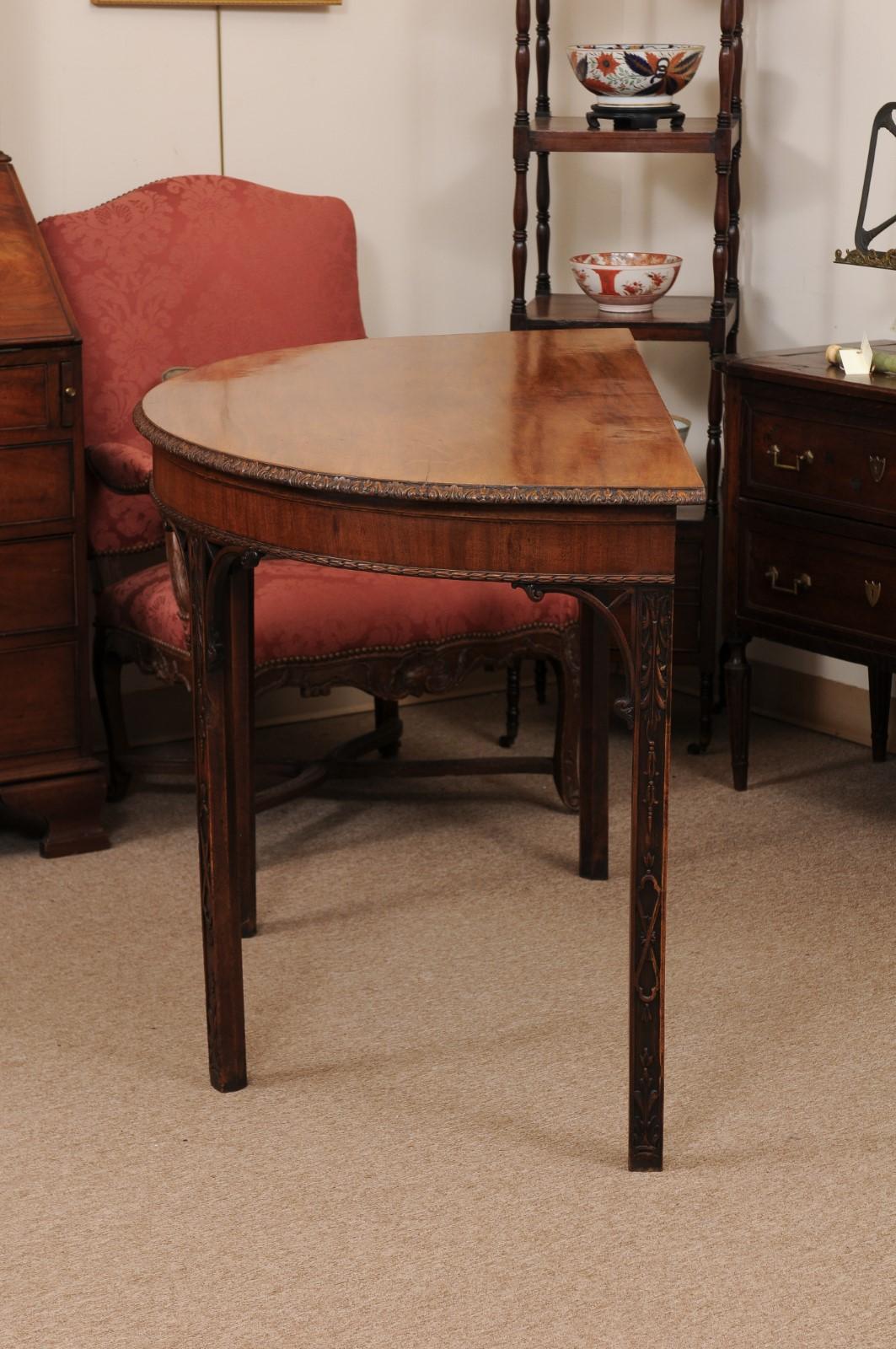 English Mahogany Chippendale Demilune Console Table with Carved Foliage Detail 7