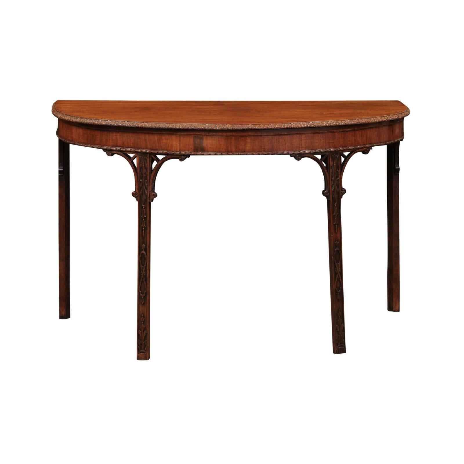 English Mahogany Chippendale Demilune Console Table with Carved Foliage Detail, 18th Century