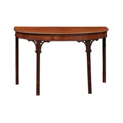English Mahogany Chippendale Demilune Console Table with Carved Foliage Detail