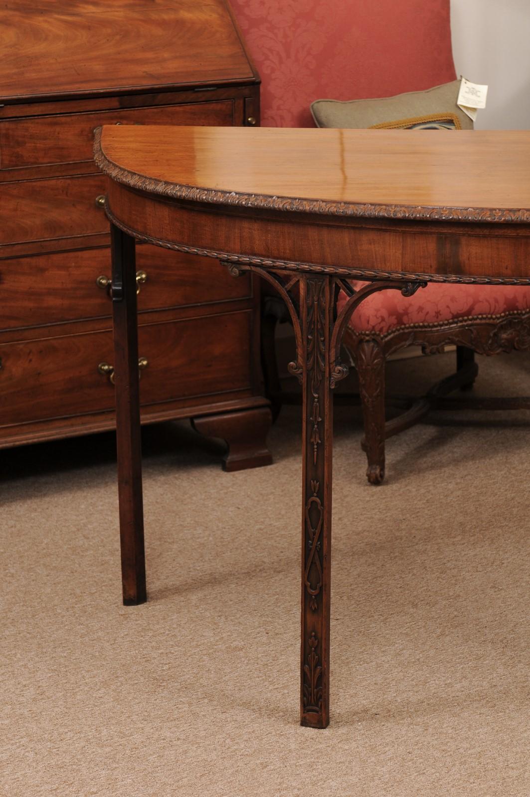 18th Century and Earlier English Mahogany Chippendale Demilune Console Table with Carved Foliage Detail